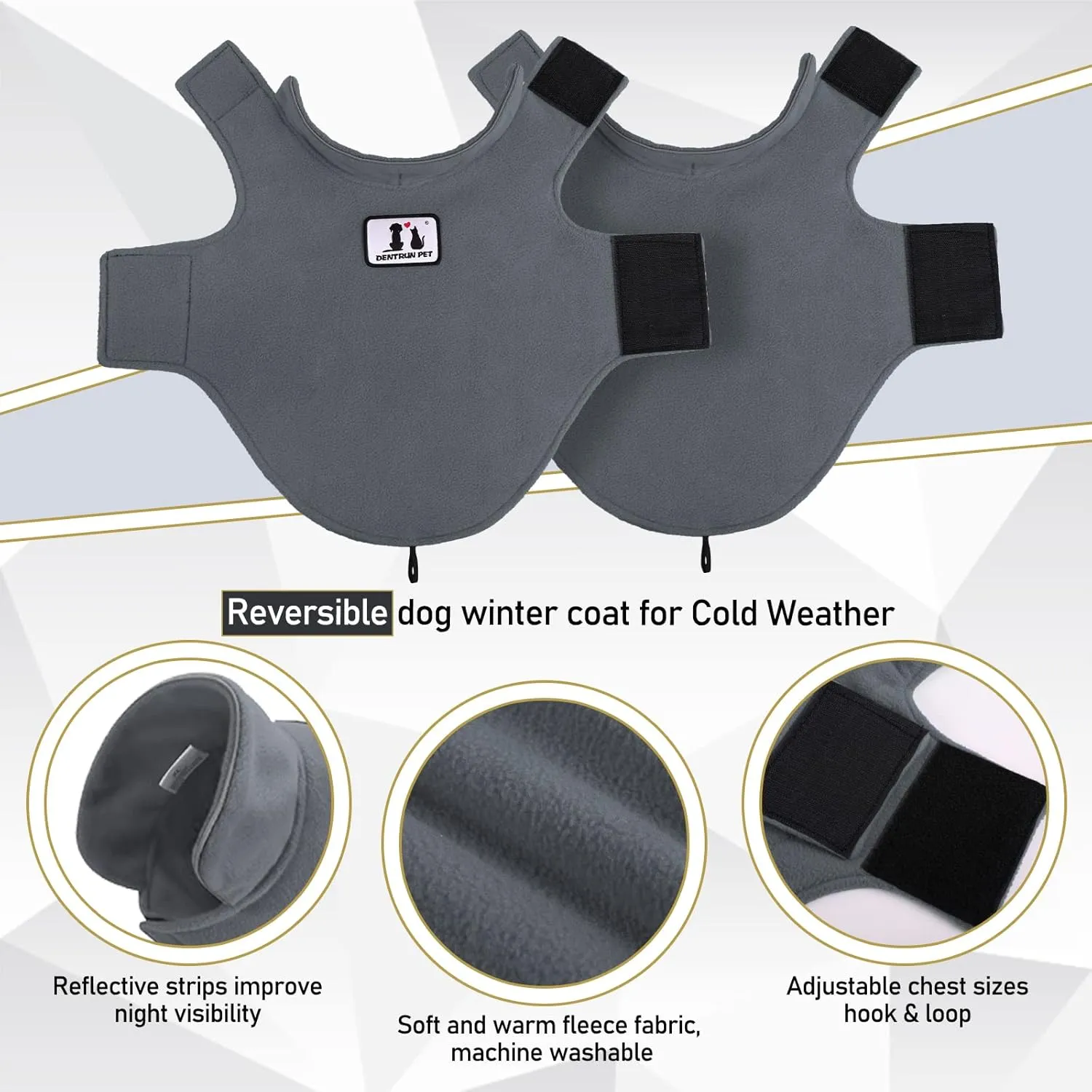 DENTRUN Windproof Winter Warm Fleece Medium Dog Coat Reversible Puppy Jacket Reflective Soft Pet Vest, Cold Weather Dog Sweater Apparel Leash Access Overcoat for Medium Breeds, Grey, M