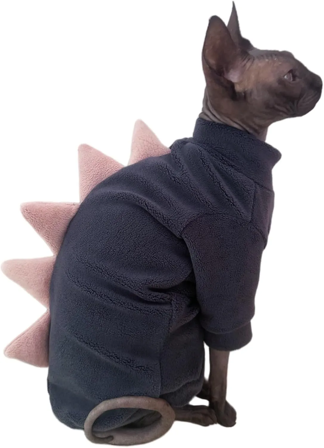 Dinosaur Sphynx Cat Clothes, Soft Polar Fleece Sweater for Cat, Elastic Pet Clothes Thick Winter Warm Outfit for Hairless Cat, Devon, Cornish, Small Dogs Apparel with Sleeves (Grey, Medium)