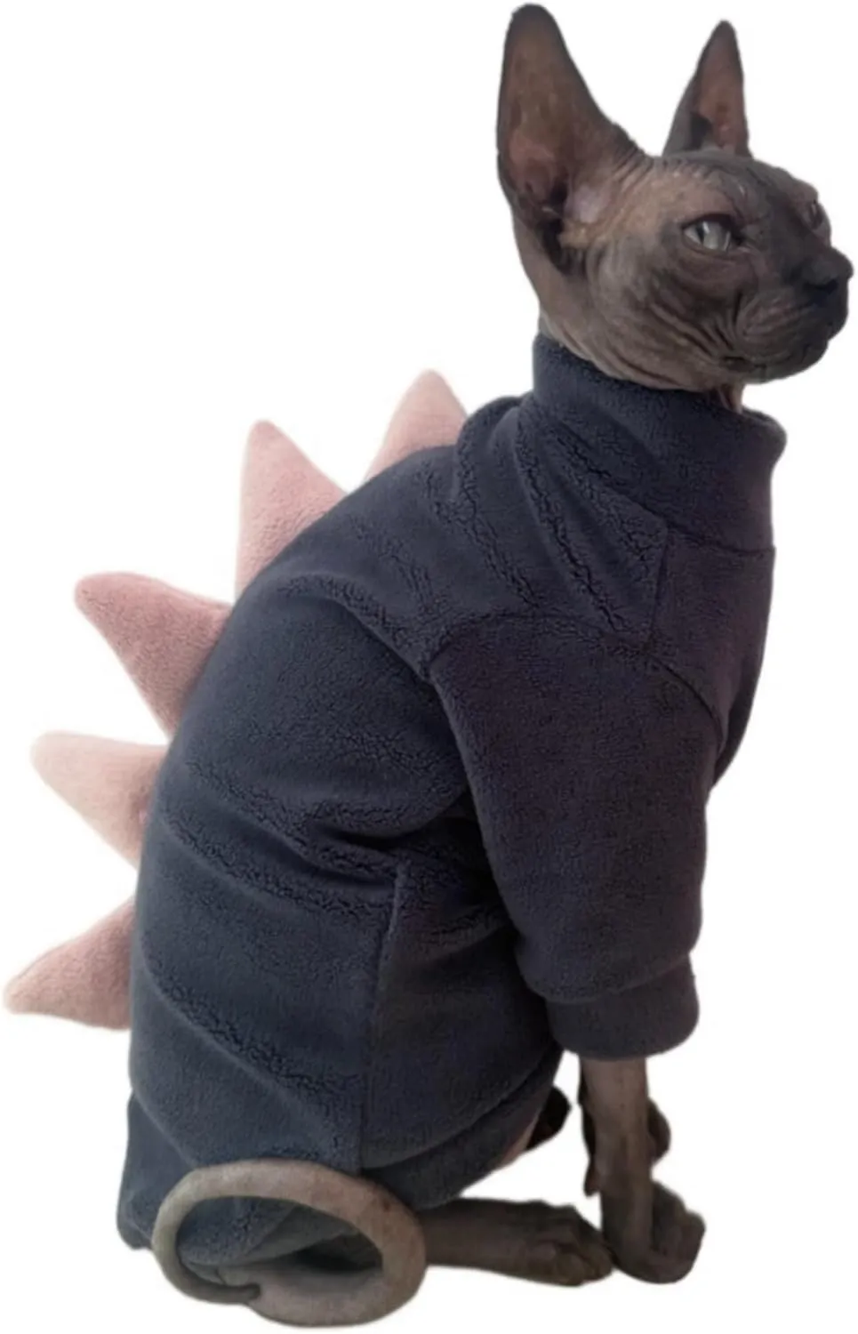 Dinosaur Sphynx Cat Clothes, Soft Polar Fleece Sweater for Cat, Elastic Pet Clothes Thick Winter Warm Outfit for Hairless Cat, Devon, Cornish, Small Dogs Apparel with Sleeves (Grey, Medium)