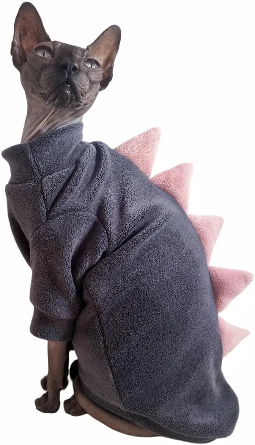 Dinosaur Sphynx Cat Clothes, Soft Polar Fleece Sweater for Cat, Elastic Pet Clothes Thick Winter Warm Outfit for Hairless Cat, Devon, Cornish, Small Dogs Apparel with Sleeves (Grey, Medium)