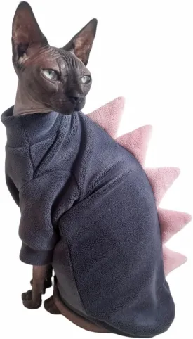 Dinosaur Sphynx Cat Clothes, Soft Polar Fleece Sweater for Cat, Elastic Pet Clothes Thick Winter Warm Outfit for Hairless Cat, Devon, Cornish, Small Dogs Apparel with Sleeves (Grey, Medium)