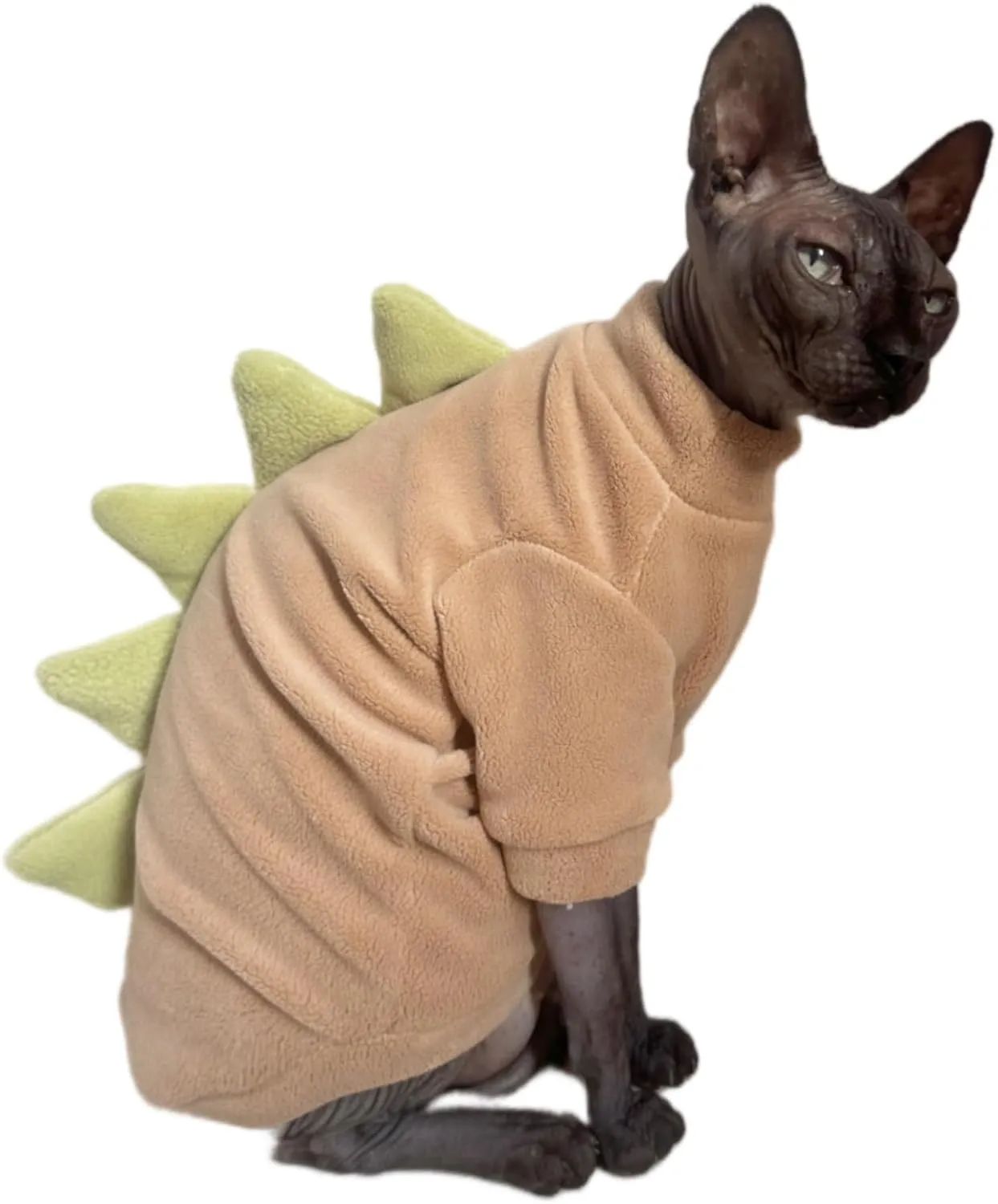 Dinosaur Sphynx Cat Clothes, Soft Polar Fleece Sweater for Cat, Elastic Pet Clothes Thick Winter Warm Outfit for Hairless Cat, Devon, Cornish, Small Dogs Apparel with Sleeves (Khaki, Medium)