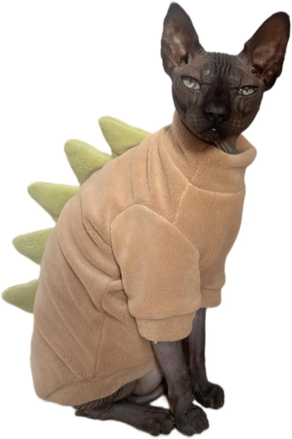 Dinosaur Sphynx Cat Clothes, Soft Polar Fleece Sweater for Cat, Elastic Pet Clothes Thick Winter Warm Outfit for Hairless Cat, Devon, Cornish, Small Dogs Apparel with Sleeves (Khaki, Medium)