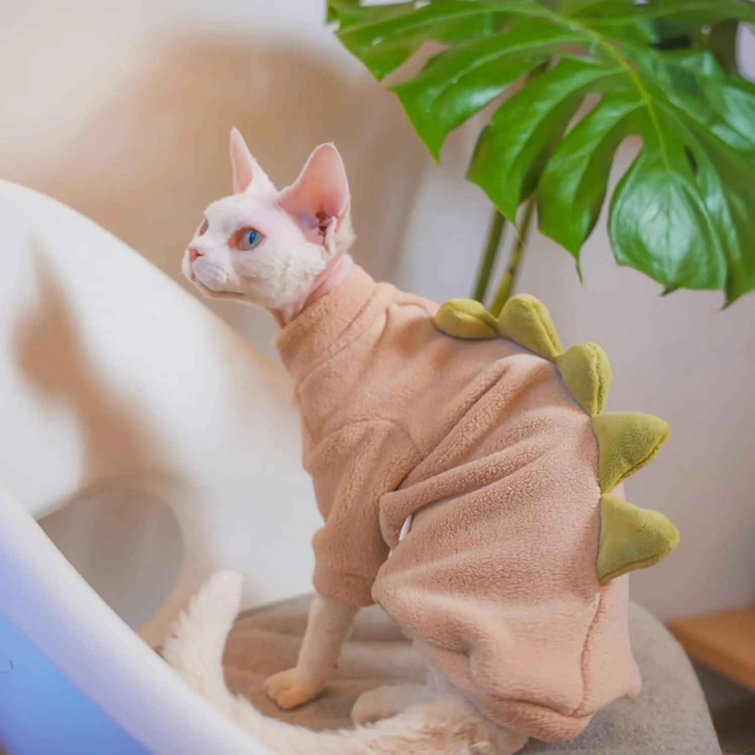 Dinosaur Sphynx Cat Clothes, Soft Polar Fleece Sweater for Cat, Elastic Pet Clothes Thick Winter Warm Outfit for Hairless Cat, Devon, Cornish, Small Dogs Apparel with Sleeves (Khaki, Medium)