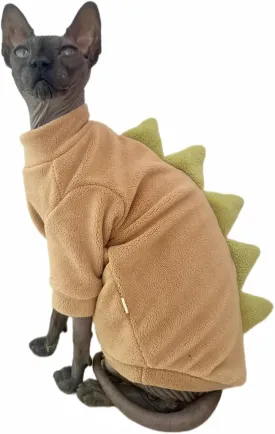 Dinosaur Sphynx Cat Clothes, Soft Polar Fleece Sweater for Cat, Elastic Pet Clothes Thick Winter Warm Outfit for Hairless Cat, Devon, Cornish, Small Dogs Apparel with Sleeves (Khaki, Medium)