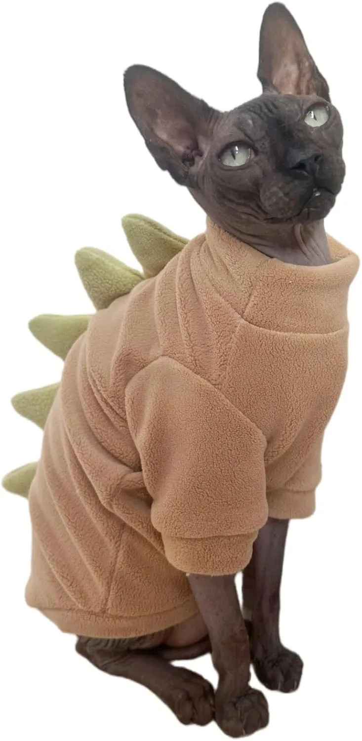 Dinosaur Sphynx Cat Clothes, Soft Polar Fleece Sweater for Cat, Elastic Pet Clothes Thick Winter Warm Outfit for Hairless Cat, Devon, Cornish, Small Dogs Apparel with Sleeves (Khaki, Medium)