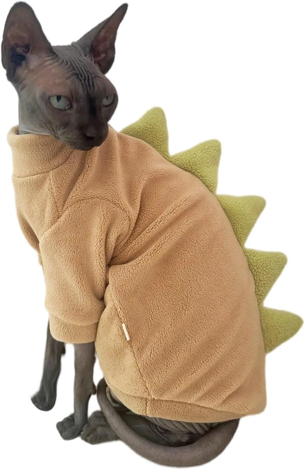 Dinosaur Sphynx Cat Clothes, Soft Polar Fleece Sweater for Cat, Elastic Pet Clothes Thick Winter Warm Outfit for Hairless Cat, Devon, Cornish, Small Dogs Apparel with Sleeves (Khaki, Medium)