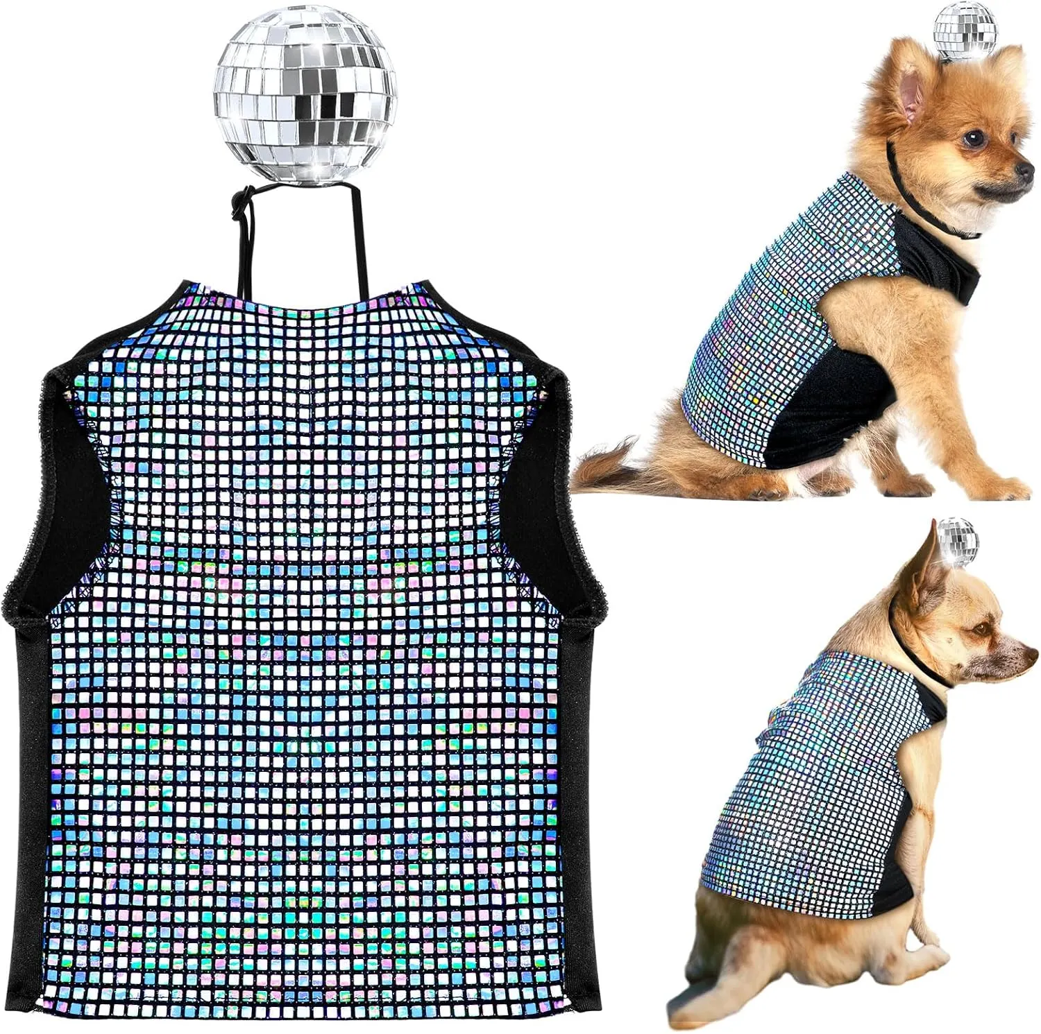Disco Sequins Dog Costume Set Dog Holographic Shiny Shirt with Disco Ball Headband 80s 70s Party Pet Outfits Glitter Halloween Christmas Cosplay Clothes for Puppy Cat(L)