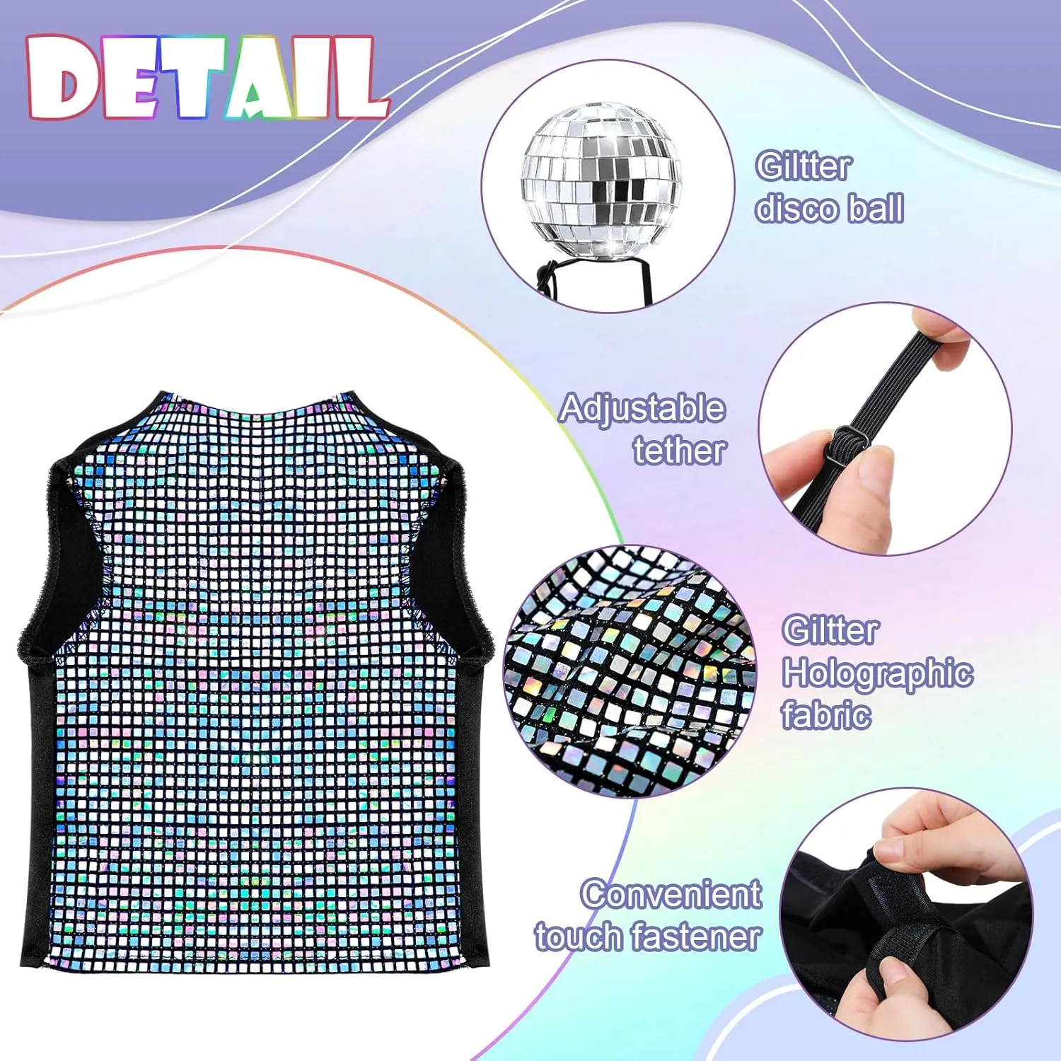 Disco Sequins Dog Costume Set Dog Holographic Shiny Shirt with Disco Ball Headband 80s 70s Party Pet Outfits Glitter Halloween Christmas Cosplay Clothes for Puppy Cat(L)