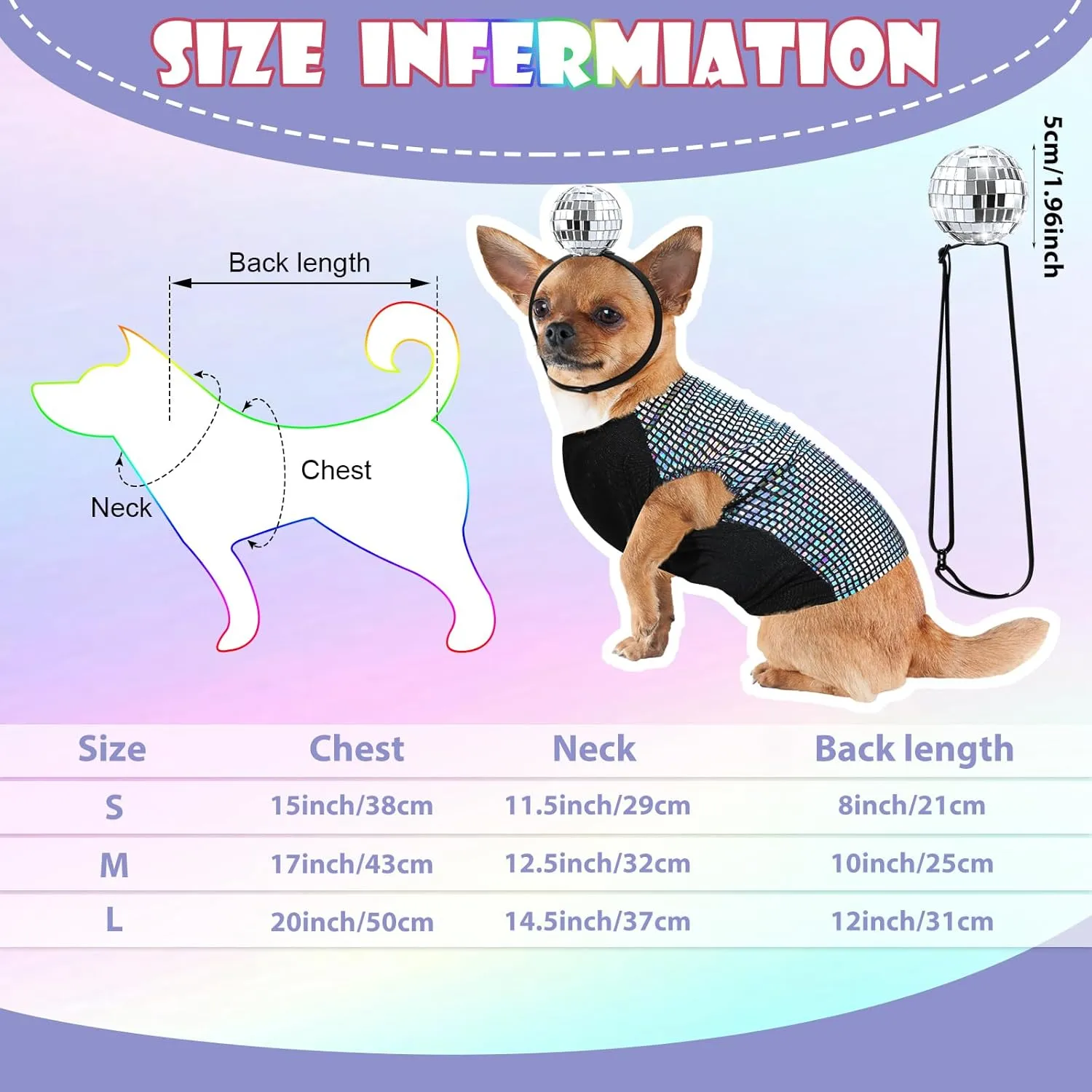 Disco Sequins Dog Costume Set Dog Holographic Shiny Shirt with Disco Ball Headband 80s 70s Party Pet Outfits Glitter Halloween Christmas Cosplay Clothes for Puppy Cat(L)