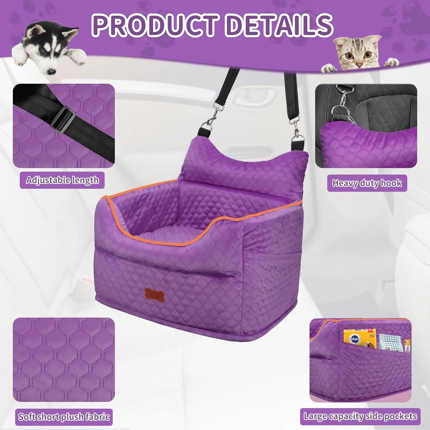 Dog Car Seat - Memory Foam Dog Booster Seat for Small Dogs Up to 25lbs-Elevated Pet Car Seat with Storage Pockets and Dog Seat Belt-Soft Pet Travel Bed for Front & Back Seats-Removable Washable-Purple