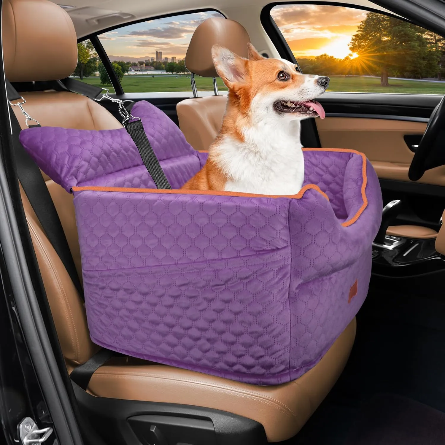 Dog Car Seat - Memory Foam Dog Booster Seat for Small Dogs Up to 25lbs-Elevated Pet Car Seat with Storage Pockets and Dog Seat Belt-Soft Pet Travel Bed for Front & Back Seats-Removable Washable-Purple