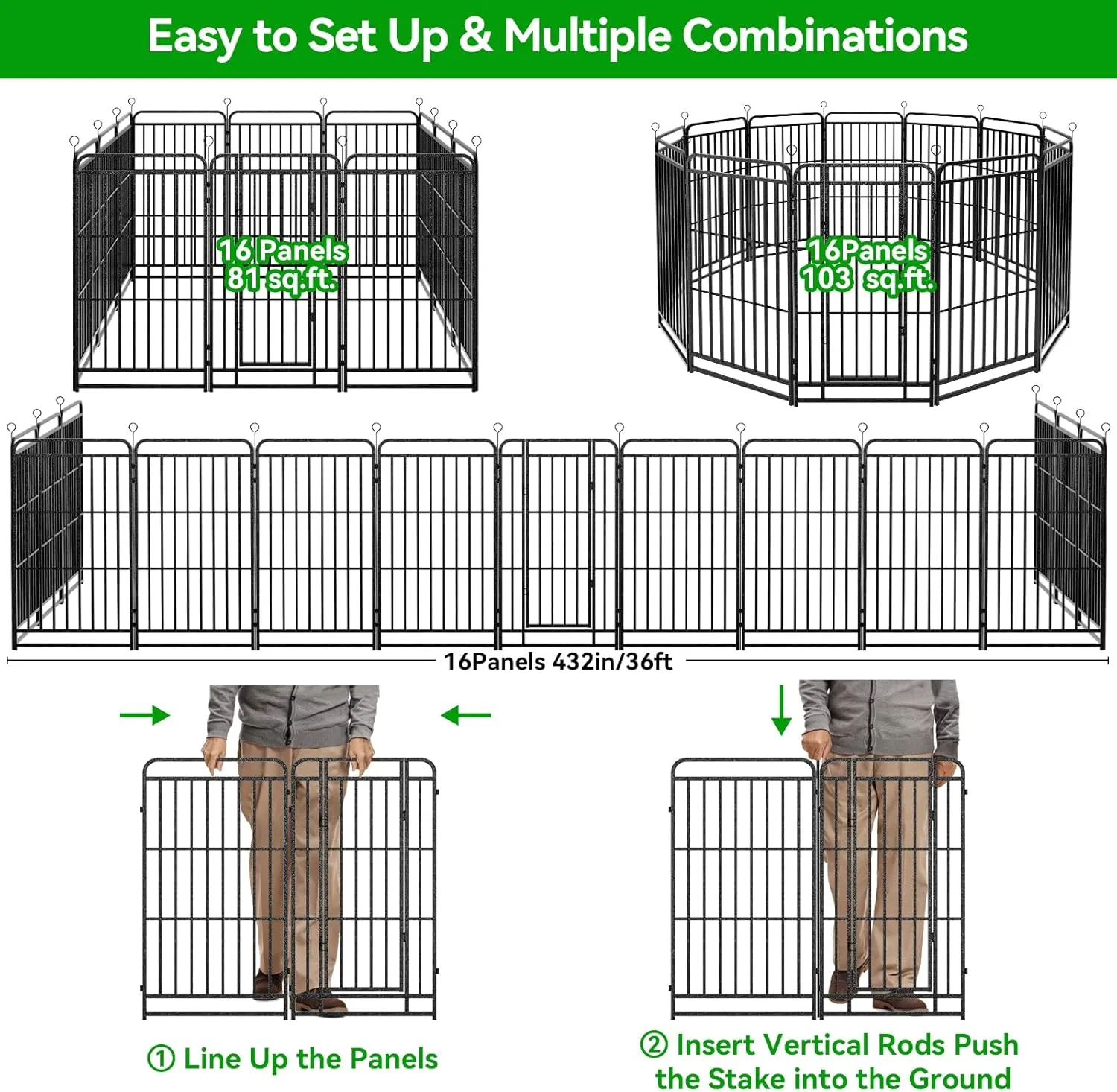 Dog Playpen Outdoor 16 Panels Heavy Duty Dog Fence 32" Height with Thick Pipe Anti-Rust with Doors Portable for RV Camping Yard, Total 36FT, 103 Sq.ft, Snowy Black