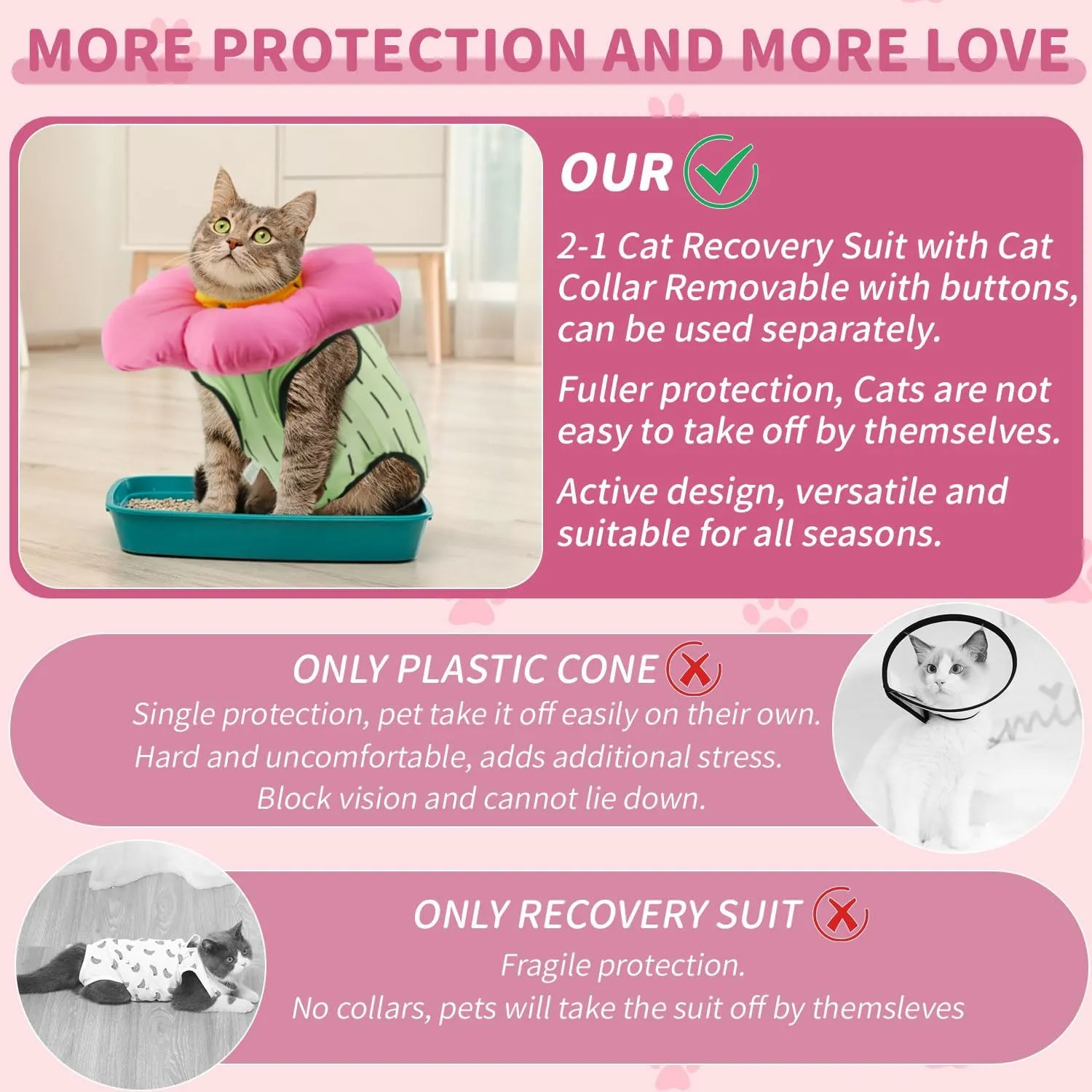 EMUST 2PCS Cat Recovery Suit and Cone Collar - Breathable Spay Suit, Adjustable Soft E Collar Alternative for Cats After Surgery - Green, L (8-16lb)