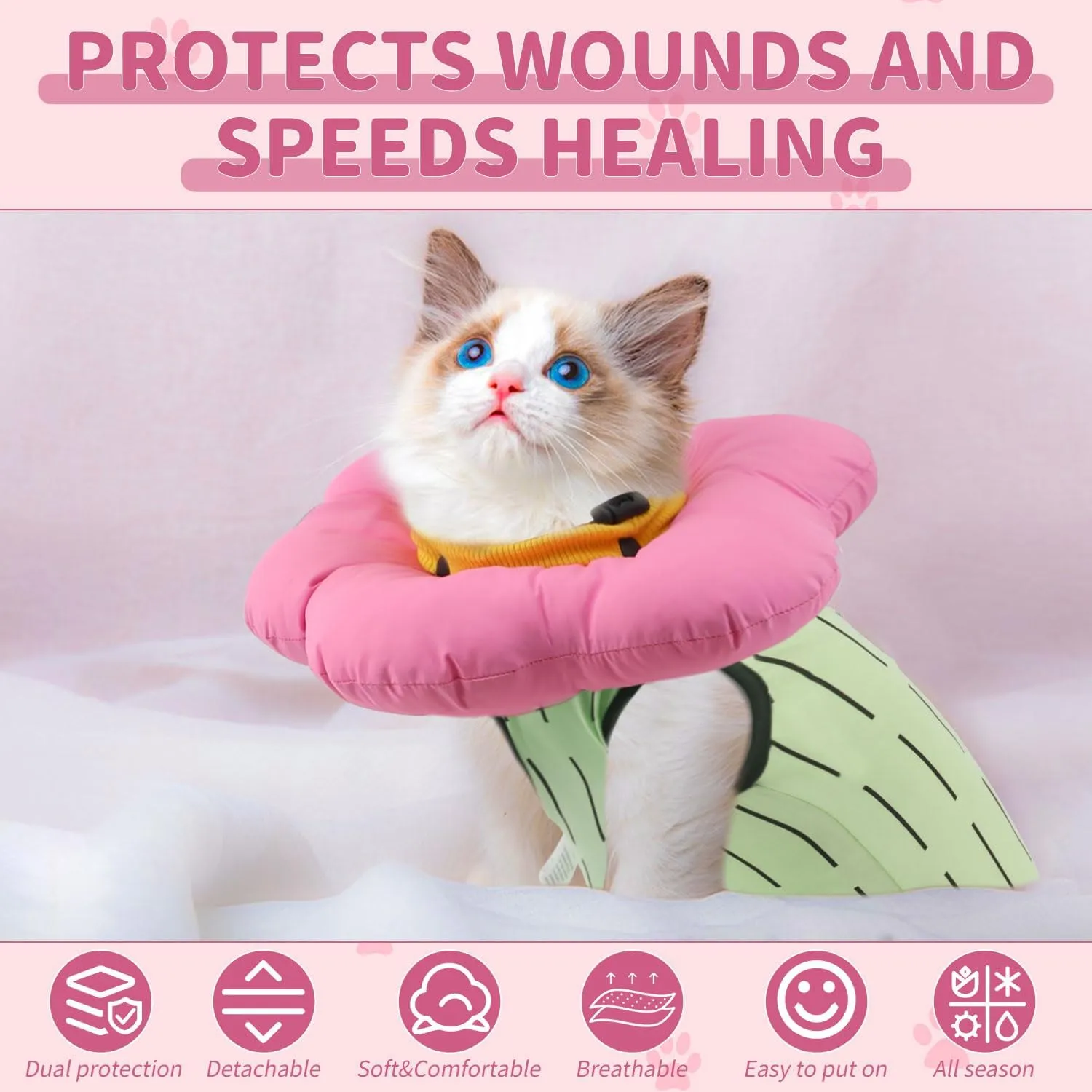 EMUST 2PCS Cat Recovery Suit and Cone Collar - Breathable Spay Suit, Adjustable Soft E Collar Alternative for Cats After Surgery - Green, L (8-16lb)