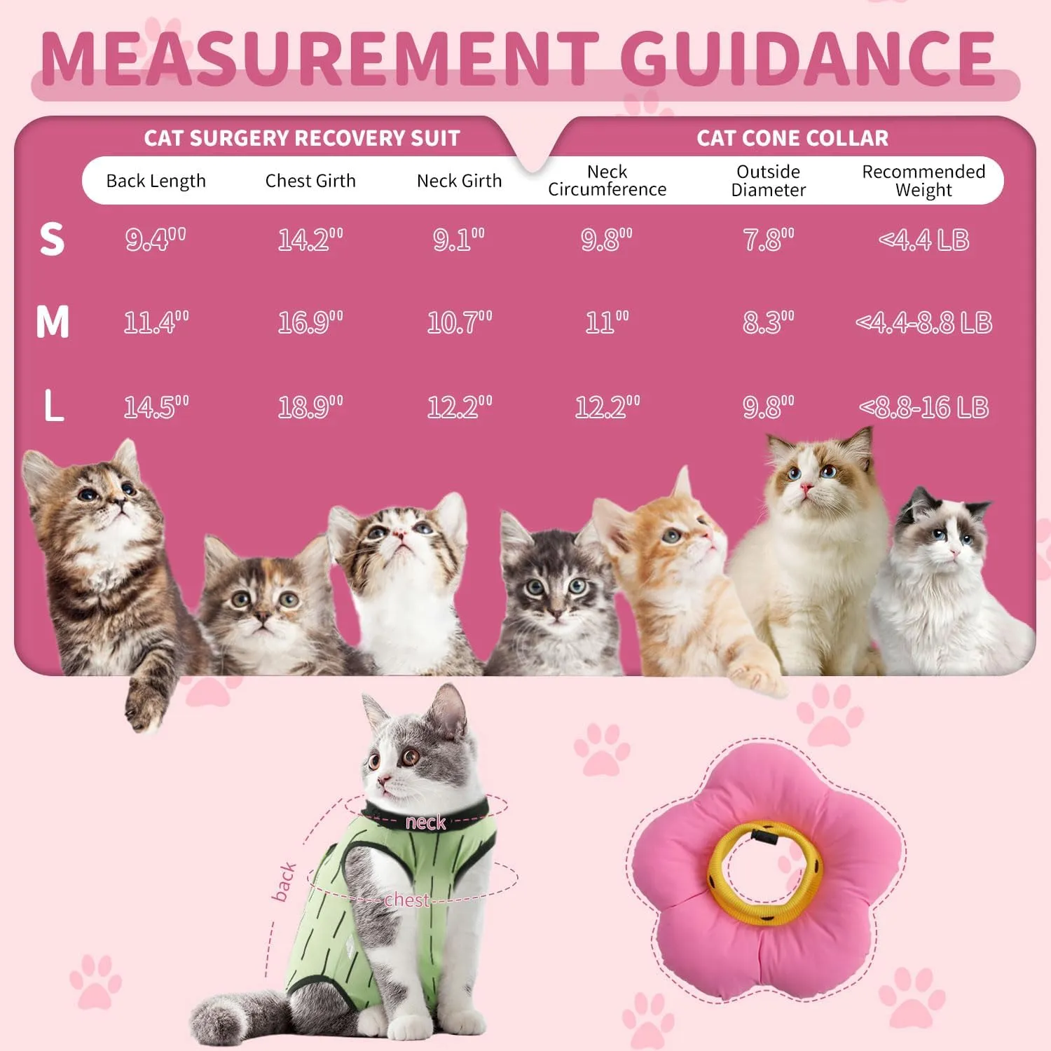EMUST 2PCS Cat Recovery Suit and Cone Collar - Breathable Spay Suit, Adjustable Soft E Collar Alternative for Cats After Surgery - Green, L (8-16lb)