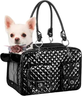 Fashion Pet Carrier, Small Dog Carrier, Cat Carrier, Quality PU Leather Dog Purse, Collapsible Portable Pet Carrying Handbag for Travel Walking Hiking - Black
