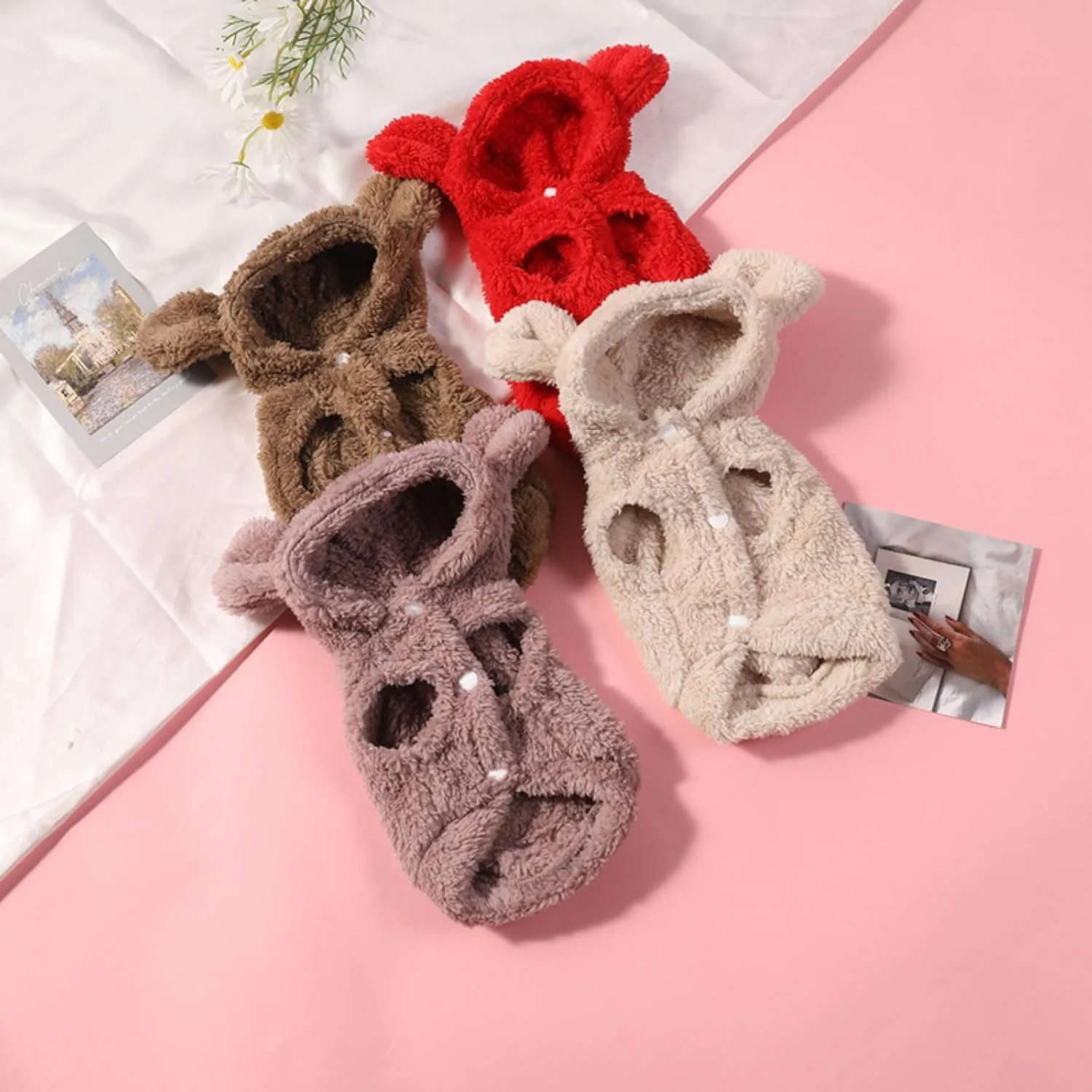 Fleece Dog Hoodies Warm Pet Clothes for Small Dog Coat Jacket Cute Bear Ear Dog Clothing Chihuahua Yorkie Costume (Red,S)