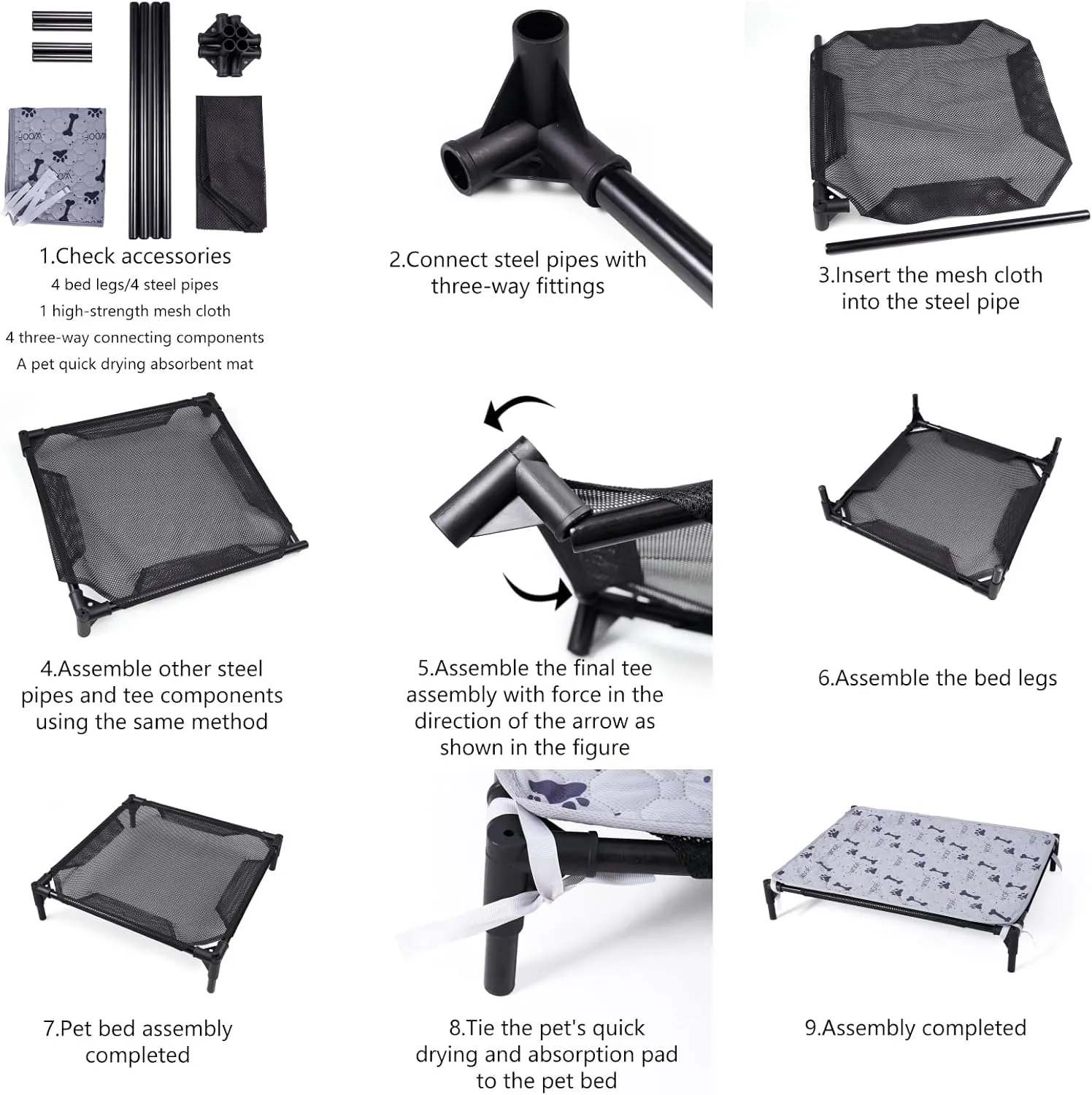 Forher Assemblable Metal Frame Puppy Elevated Dog Bed, Portable Dog Bed, Easy to Clean, Breathable mesh, Puppy cat Bed, Indoor and Outdoor use, Travel, Campingpet Bed Off The Ground,S-Black, Small