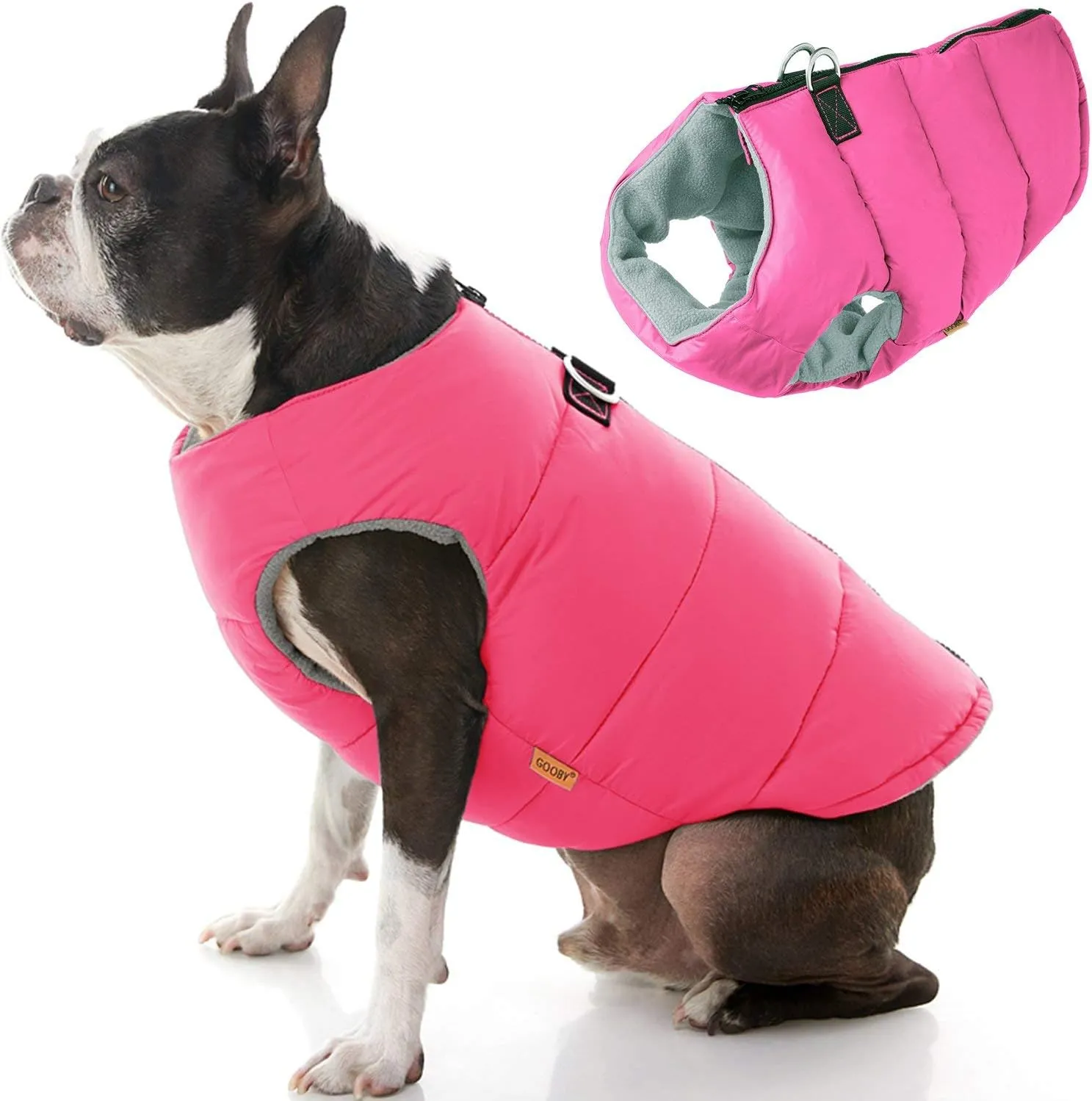 Gooby Padded Vest Dog Jacket - Solid Pink, Medium - Warm Zip Up Vest Fleece Jacket with Dual D Ring Leash - Water Resistant Sweater - Clothes for Small and Medium Dogs