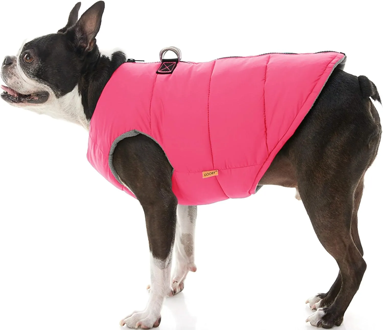 Gooby Padded Vest Dog Jacket - Solid Pink, Medium - Warm Zip Up Vest Fleece Jacket with Dual D Ring Leash - Water Resistant Sweater - Clothes for Small and Medium Dogs