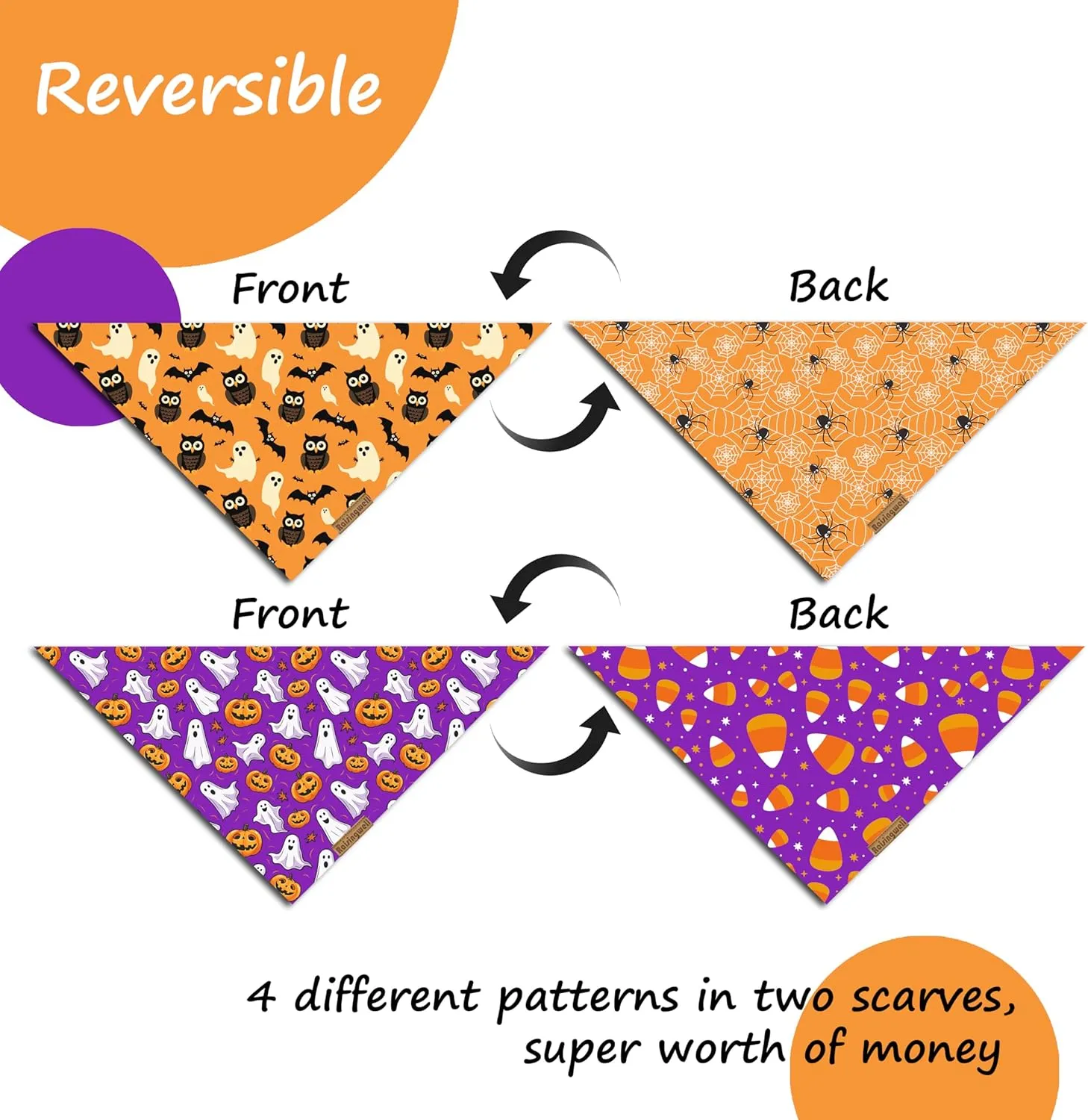 Halloween Dog Bandanas 2 Pack - 4 Pattern Ghost Spider Pumpkin Candle Bibs, Reversible Washable Durable Fall Scarf for Large Breed Boys and Girls