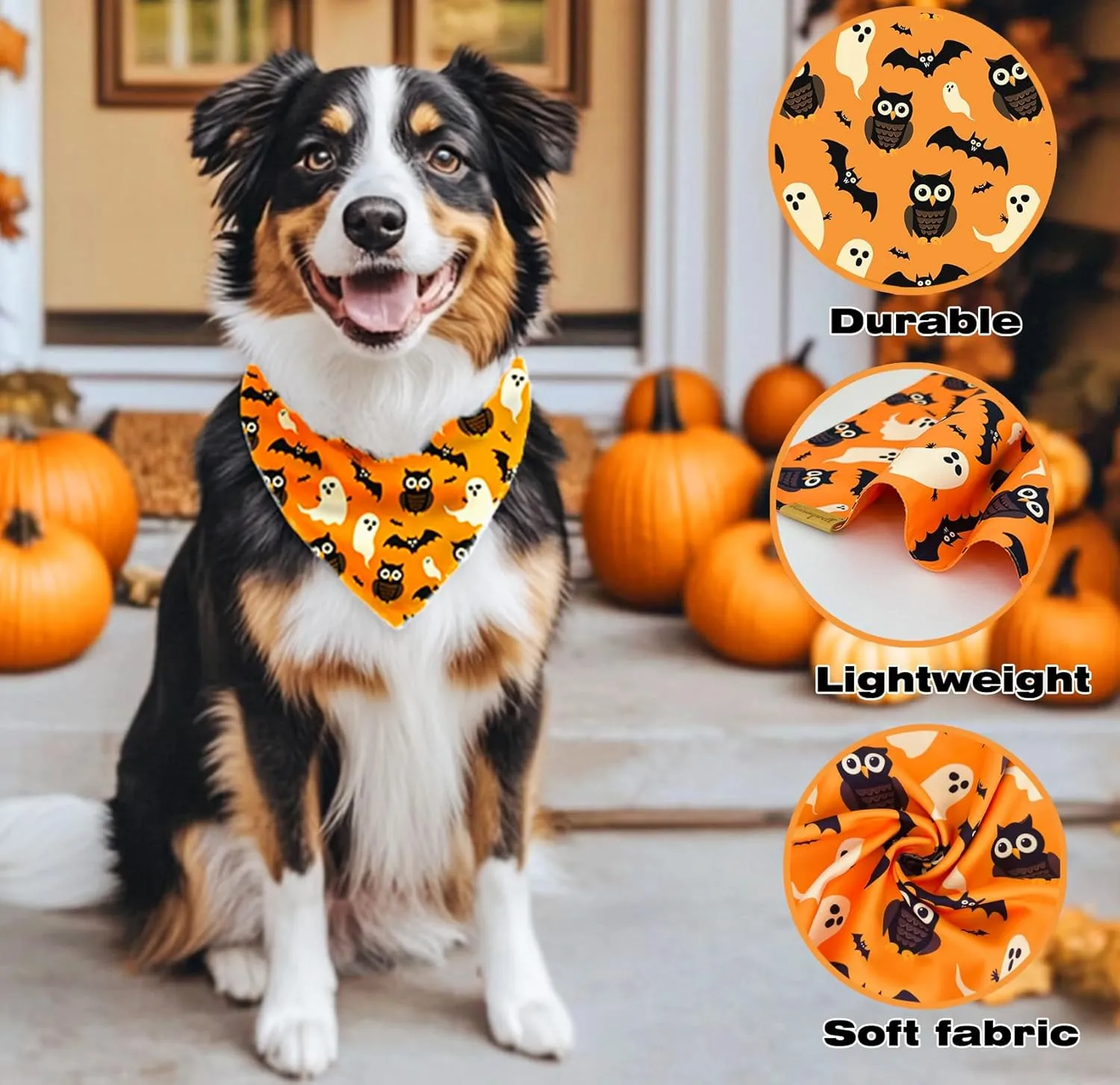 Halloween Dog Bandanas 2 Pack - 4 Pattern Ghost Spider Pumpkin Candle Bibs, Reversible Washable Durable Fall Scarf for Large Breed Boys and Girls
