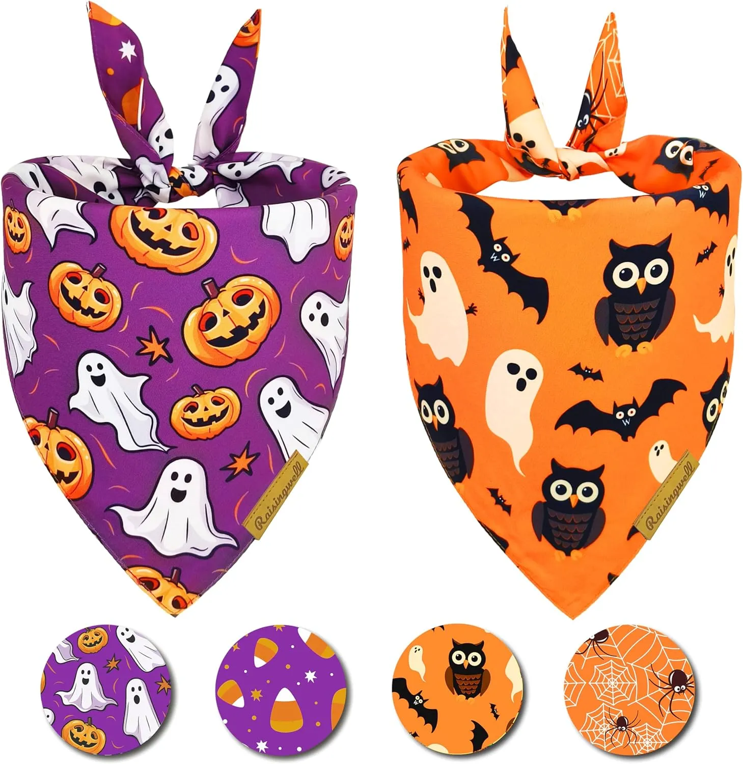 Halloween Dog Bandanas 2 Pack - 4 Pattern Ghost Spider Pumpkin Candle Bibs, Reversible Washable Durable Fall Scarf for Large Breed Boys and Girls