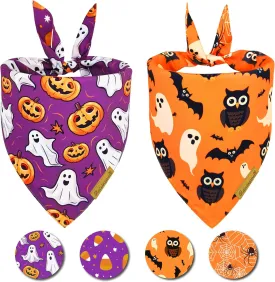 Halloween Dog Bandanas 2 Pack - 4 Pattern Ghost Spider Pumpkin Candle Bibs, Reversible Washable Durable Fall Scarf for Large Breed Boys and Girls