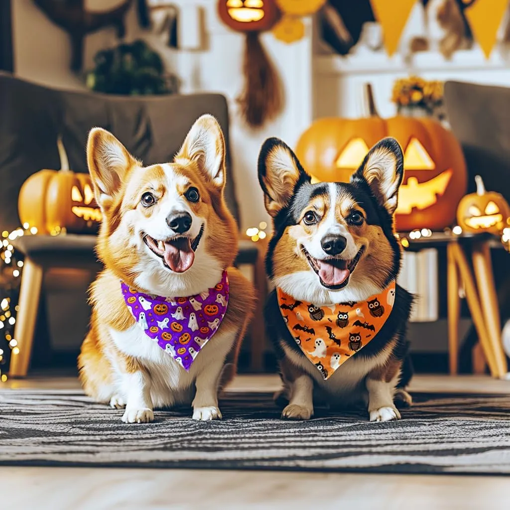 Halloween Dog Bandanas 2 Pack - 4 Pattern Ghost Spider Pumpkin Candle Bibs, Reversible Washable Durable Fall Scarf for Large Breed Boys and Girls