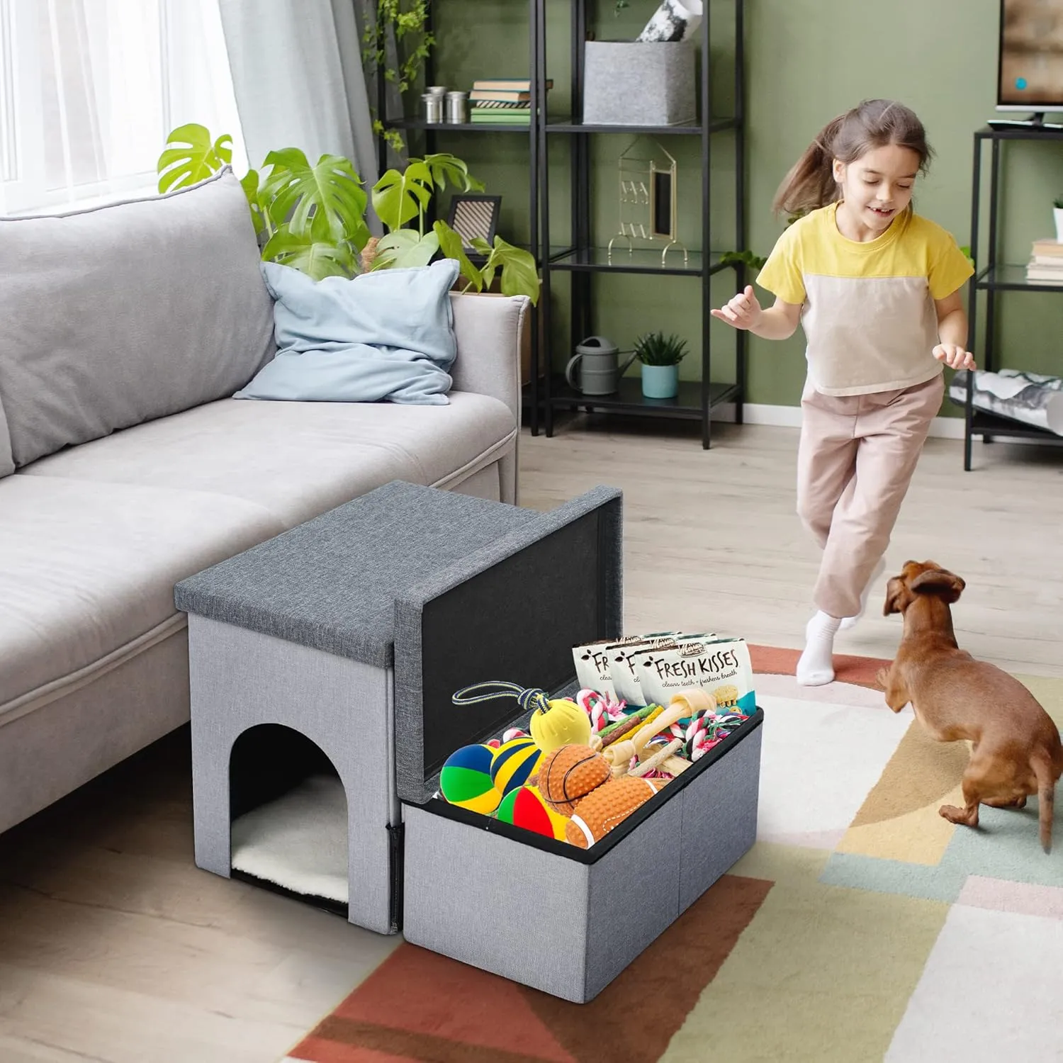 Heeyoo Dog Stairs for Small Dogs, Foldable Dog Steps for Couch and High Bed, 2-Step Pet Stairs with Storage and Pet House, Non-Slip Pet Ramp for Small to Large Dogs and CatsUp to 150 Lbs