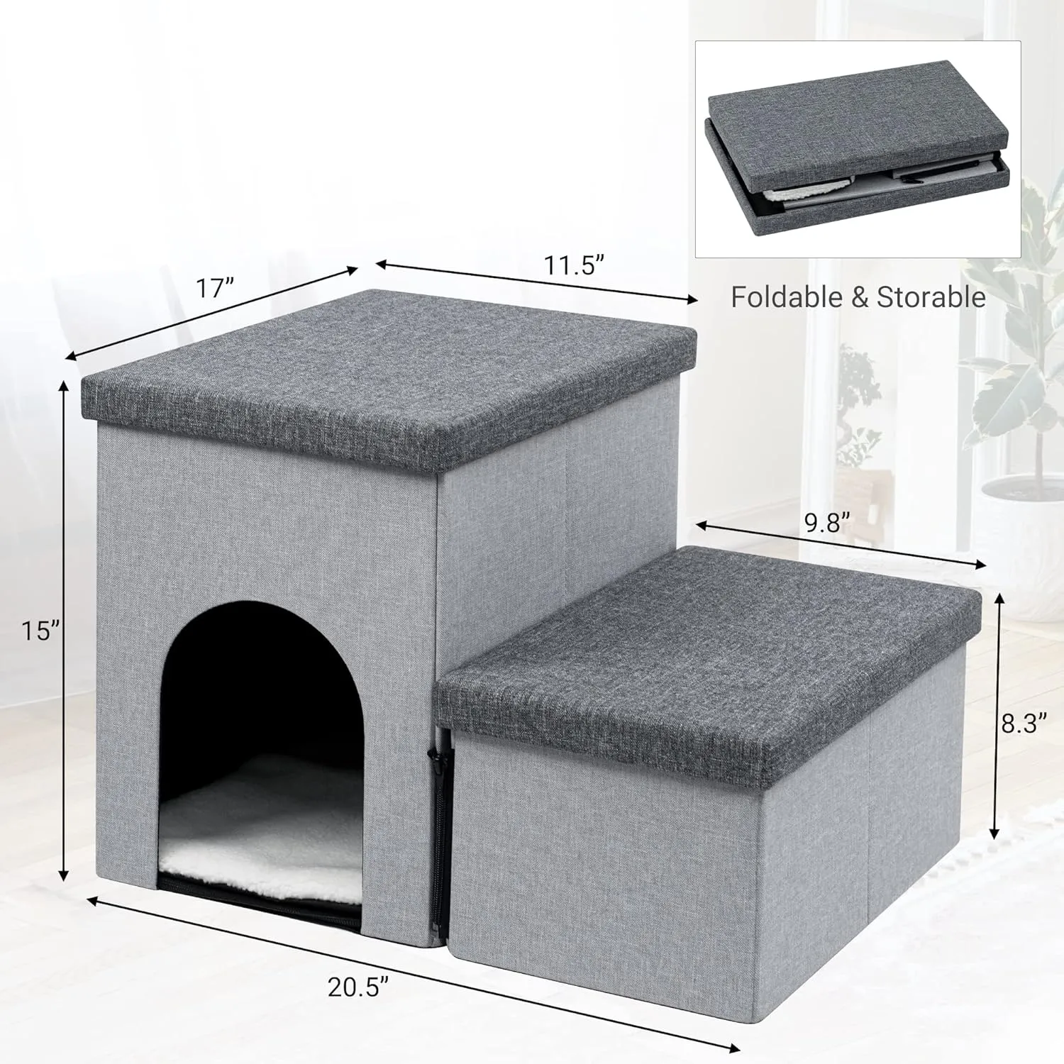 Heeyoo Dog Stairs for Small Dogs, Foldable Dog Steps for Couch and High Bed, 2-Step Pet Stairs with Storage and Pet House, Non-Slip Pet Ramp for Small to Large Dogs and CatsUp to 150 Lbs