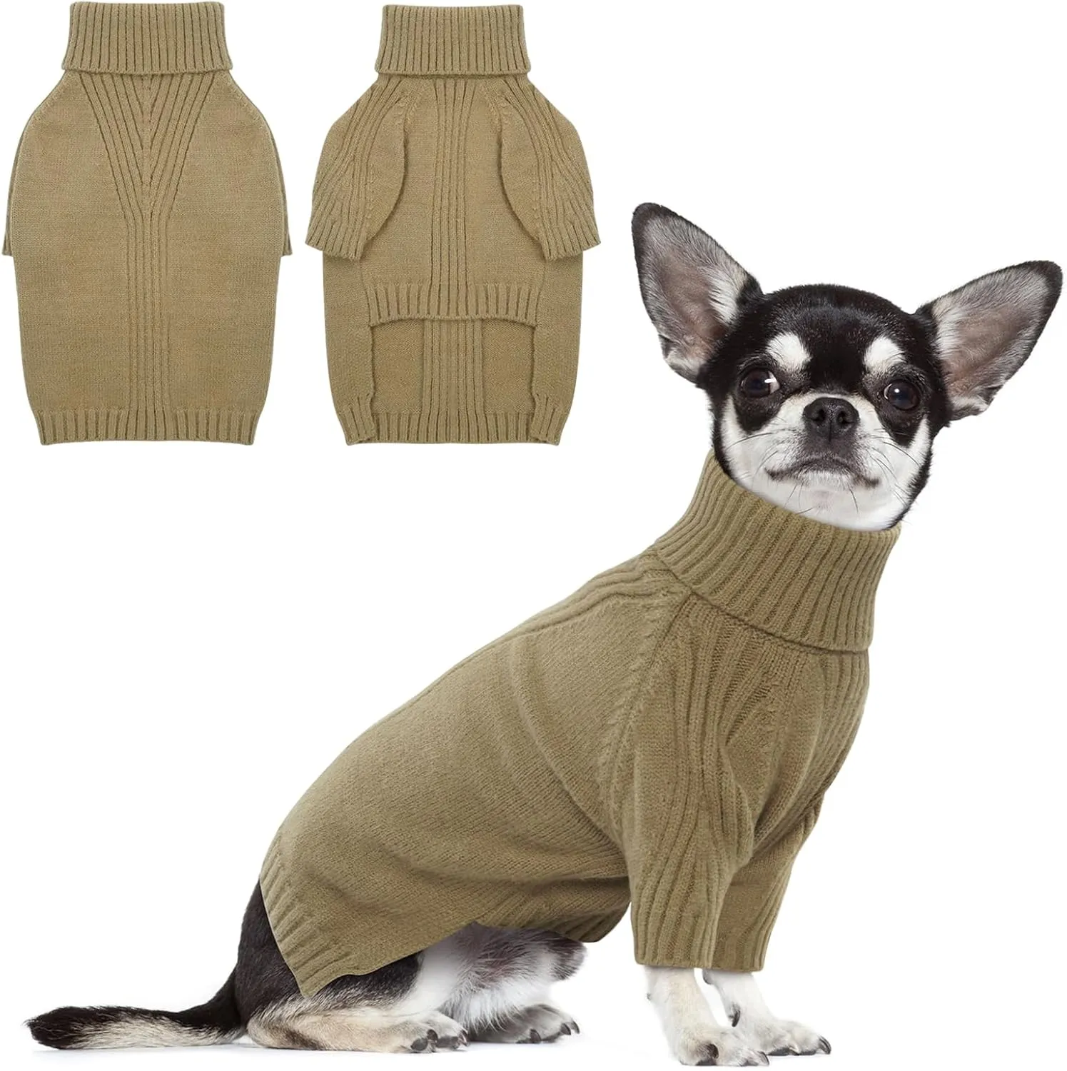 Kahki Small Dog Pullover - Fall & Winter Turtleneck Sweater for Female Toy Poodles & Yorkies - Christmas Dog Outfit