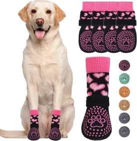KOOLTAIL Anti Slip Dog Socks for Hot/Cold Pavement to Prevent Licking Paws,Dog Boots&Paw Protector with Grippers for Hardwood Floors,Pink Heart Valentine's Socks Booties for Small Medium Large Dogs SM
