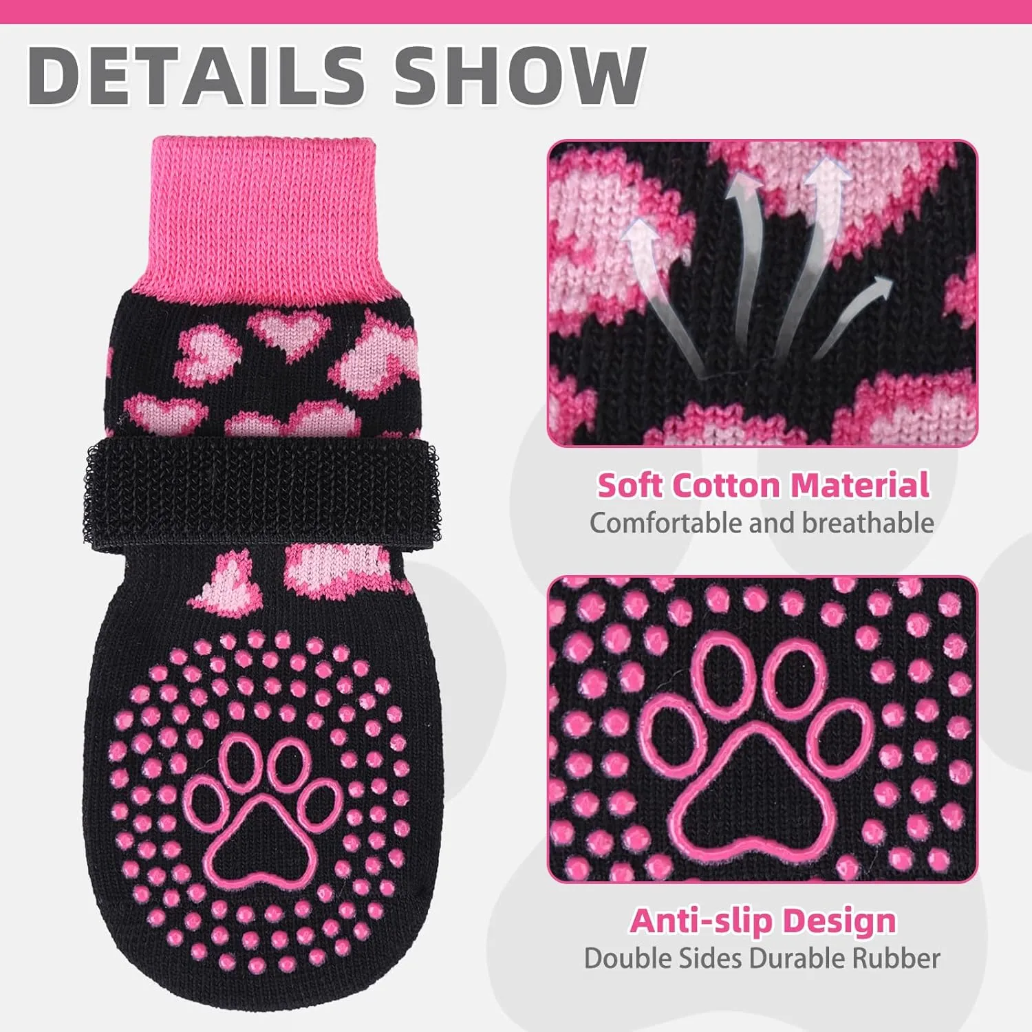 KOOLTAIL Anti Slip Dog Socks for Hot/Cold Pavement to Prevent Licking Paws,Dog Boots&Paw Protector with Grippers for Hardwood Floors,Pink Heart Valentine's Socks Booties for Small Medium Large Dogs SM