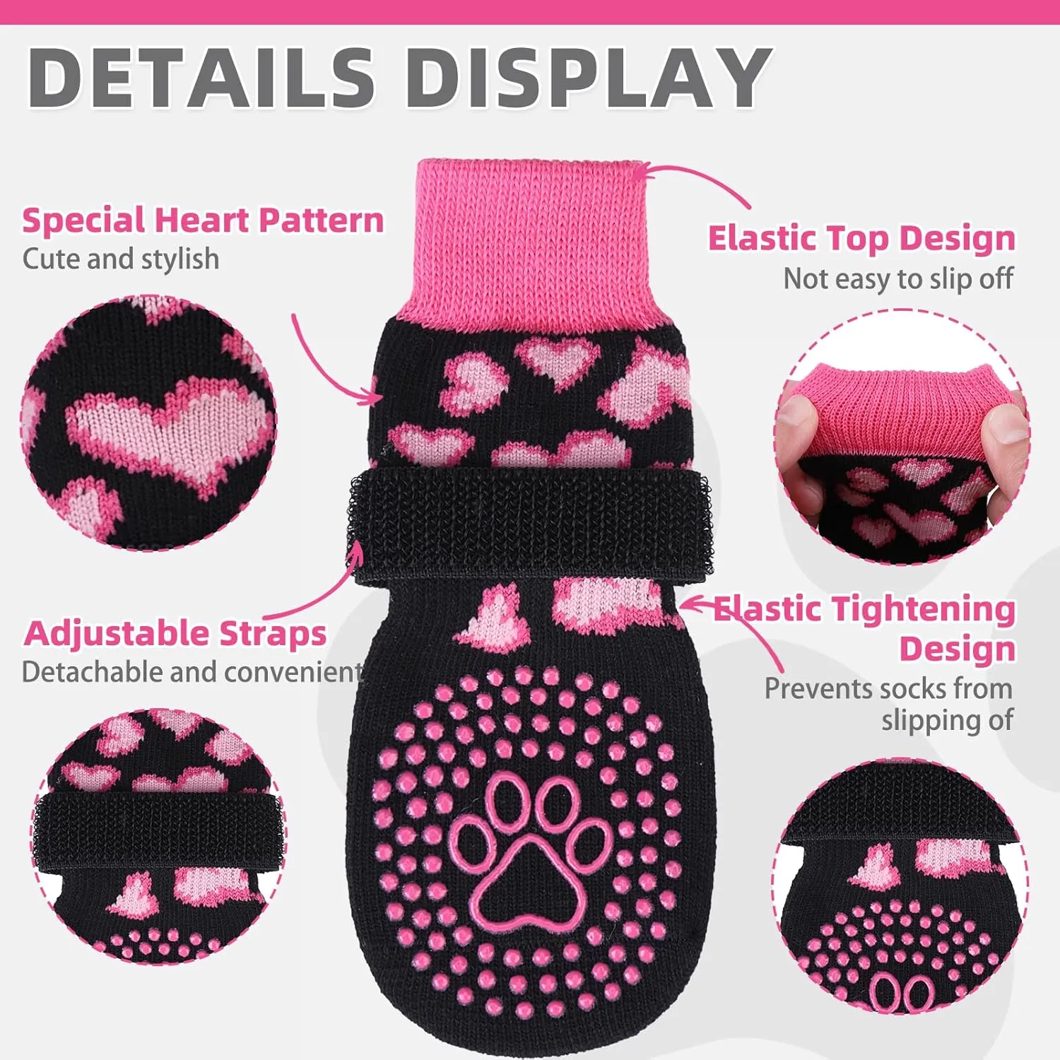 KOOLTAIL Anti Slip Dog Socks for Hot/Cold Pavement to Prevent Licking Paws,Dog Boots&Paw Protector with Grippers for Hardwood Floors,Pink Heart Valentine's Socks Booties for Small Medium Large Dogs SM