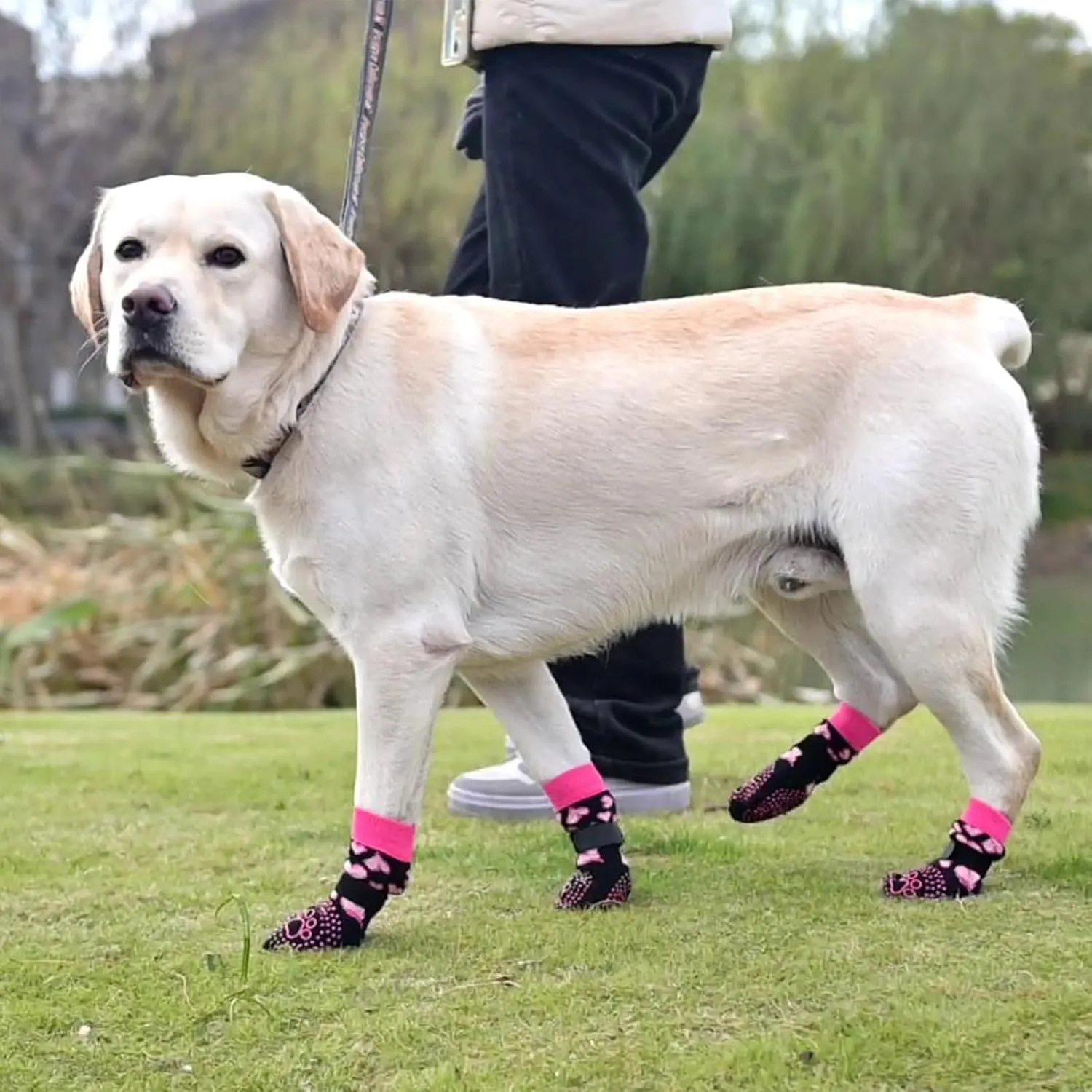 KOOLTAIL Anti Slip Dog Socks for Hot/Cold Pavement to Prevent Licking Paws,Dog Boots&Paw Protector with Grippers for Hardwood Floors,Pink Heart Valentine's Socks Booties for Small Medium Large Dogs SM