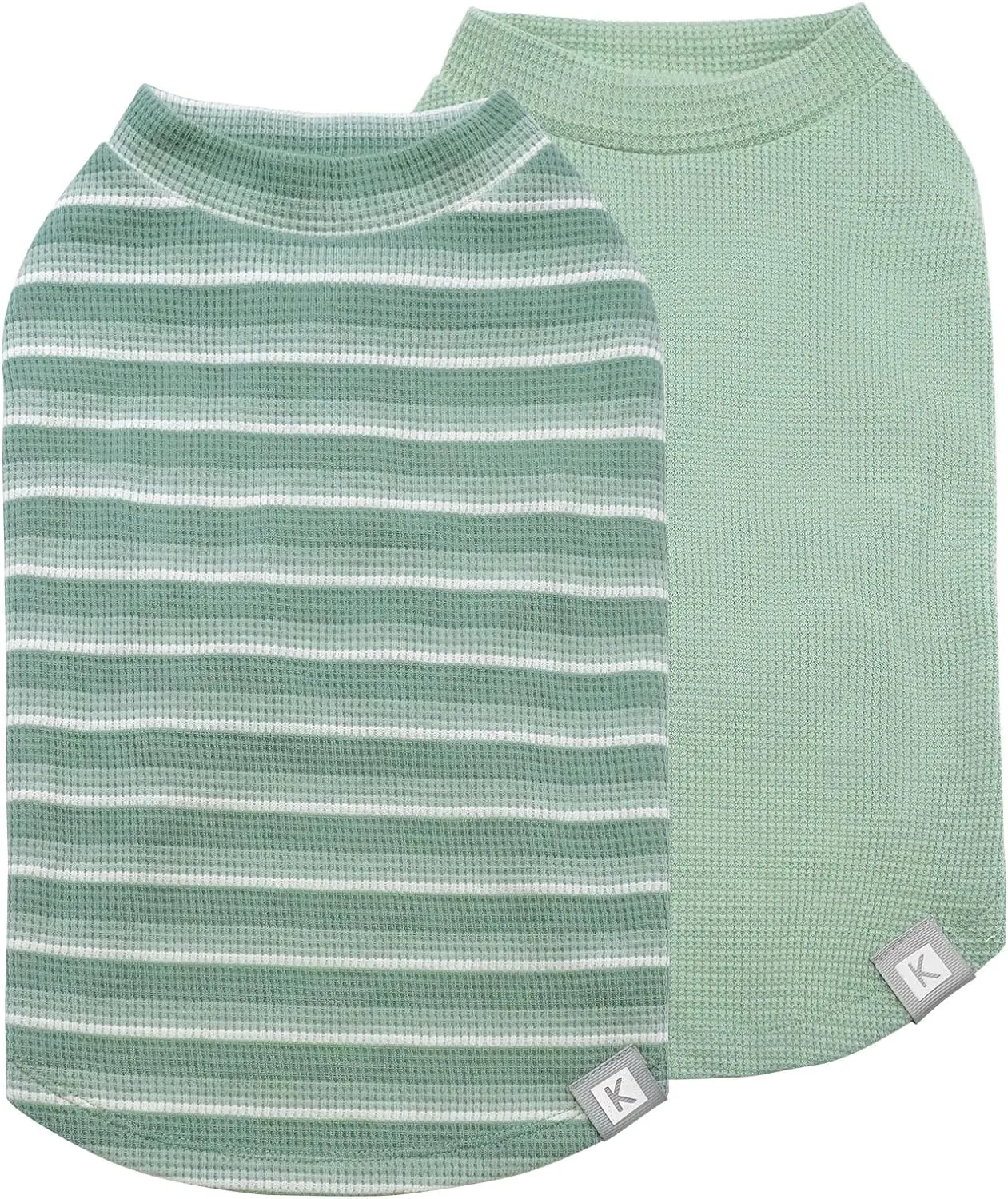 KYEESE 2Pack Waffle Dog Shirts for Small Dogs Stretchy T-Shirts Lightweight Tank Top Sleeveless Striped Vest Breathable Cat Tee, Medium, Green Striped