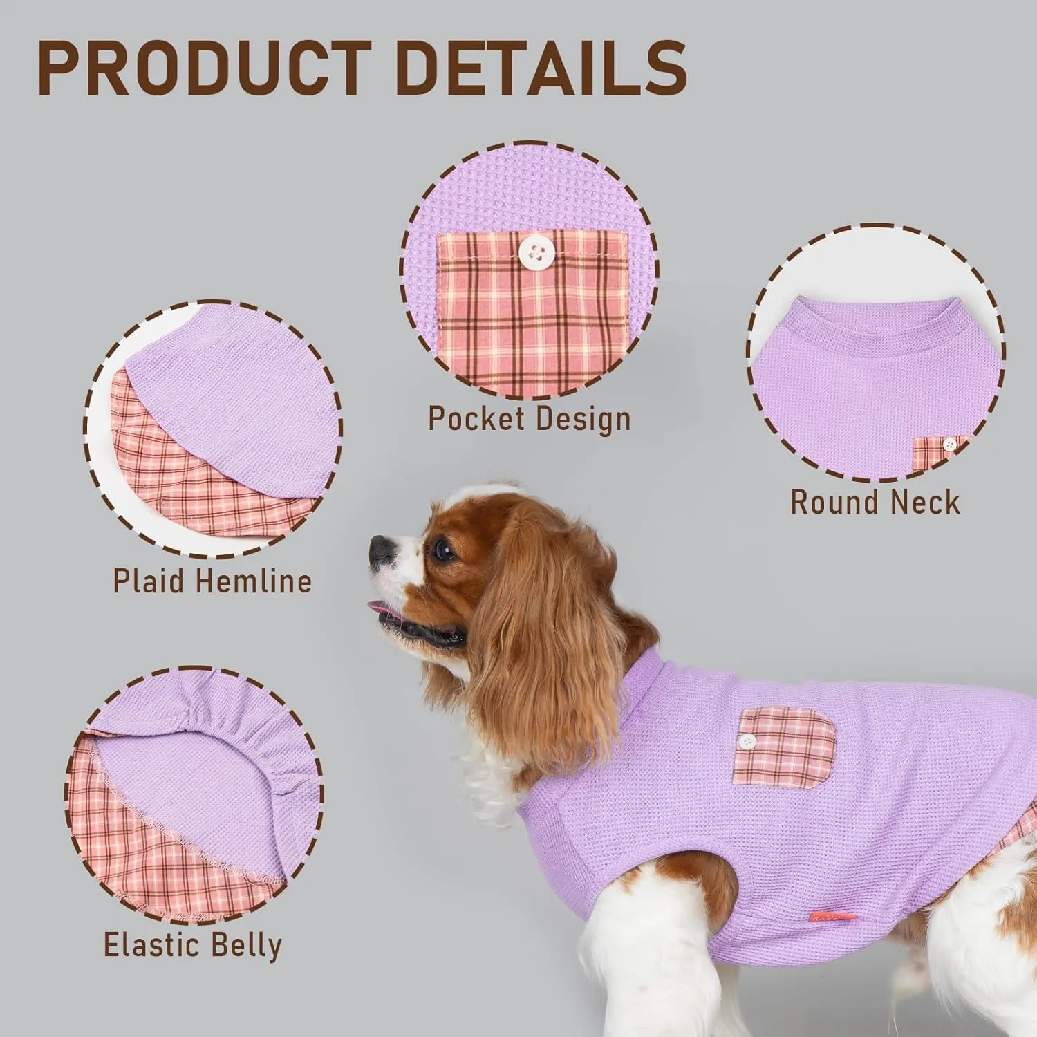 KYEESE Waffle Dog Shirts for Small Dogs Soft Stretchy T-Shirts Lightweight Puppy Tank Top Sleeveless Pet Vest with Cute Pocket and Plaid Patchwork for Daily Wear, Large
