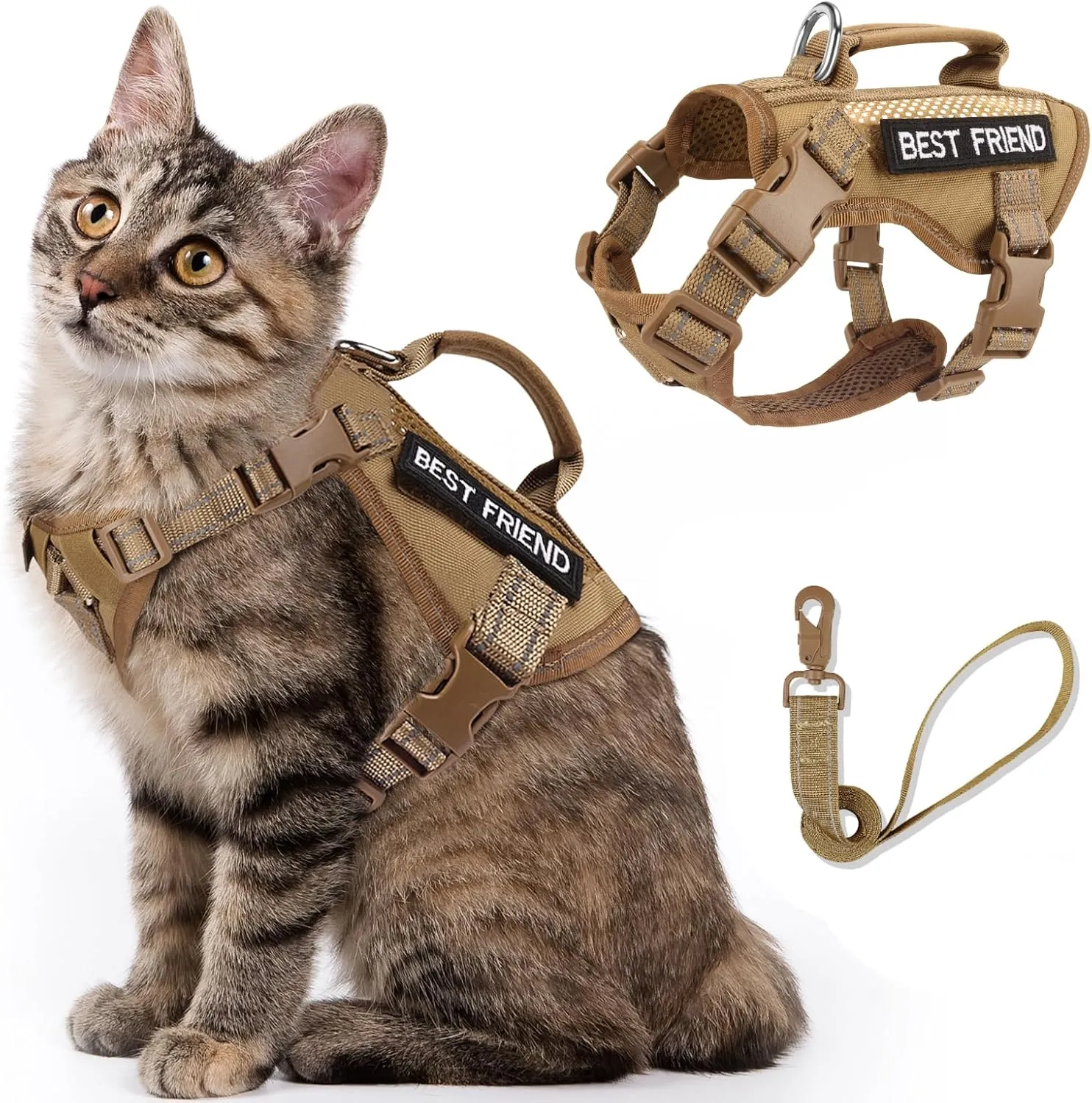Large Tactical Cat Harness Leash, Air Mesh Adult Cat Walking Vest Harness Escape Proof with Handle, Reflective (AKhaki, L)