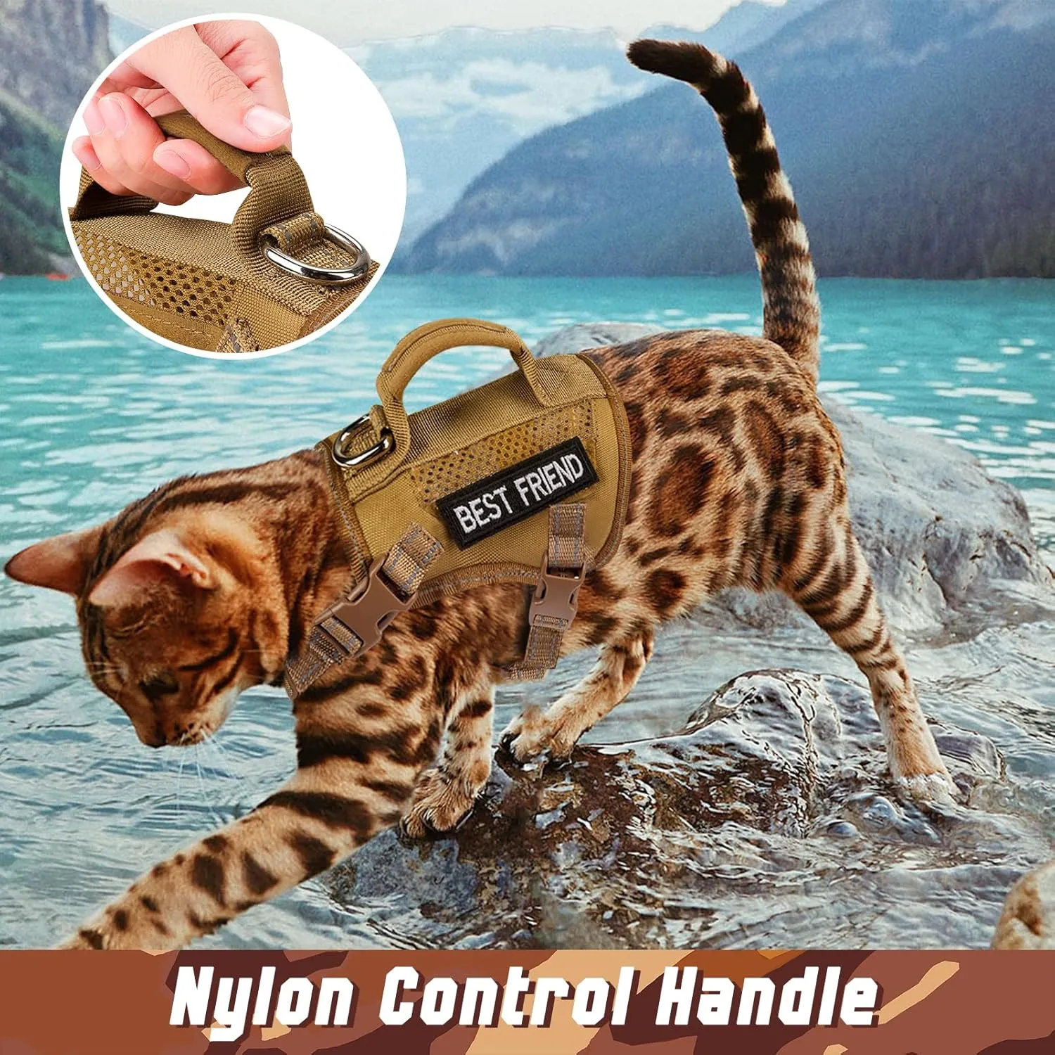 Large Tactical Cat Harness Leash, Air Mesh Adult Cat Walking Vest Harness Escape Proof with Handle, Reflective (AKhaki, L)