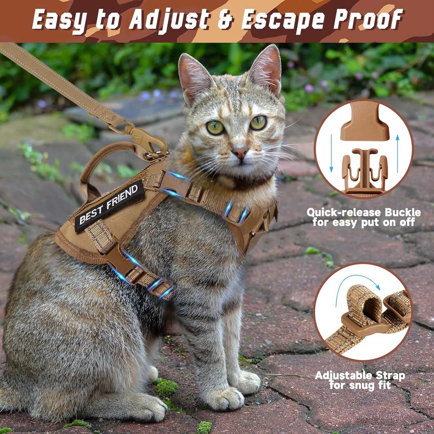 Large Tactical Cat Harness Leash, Air Mesh Adult Cat Walking Vest Harness Escape Proof with Handle, Reflective (AKhaki, L)