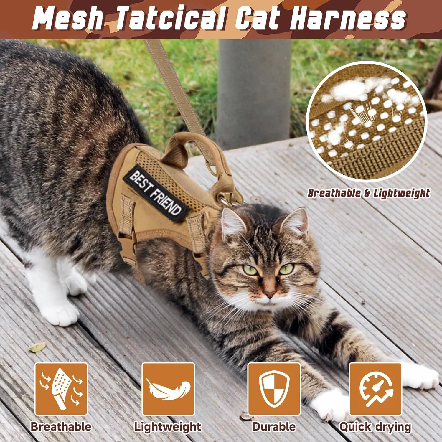 Large Tactical Cat Harness Leash, Air Mesh Adult Cat Walking Vest Harness Escape Proof with Handle, Reflective (AKhaki, L)