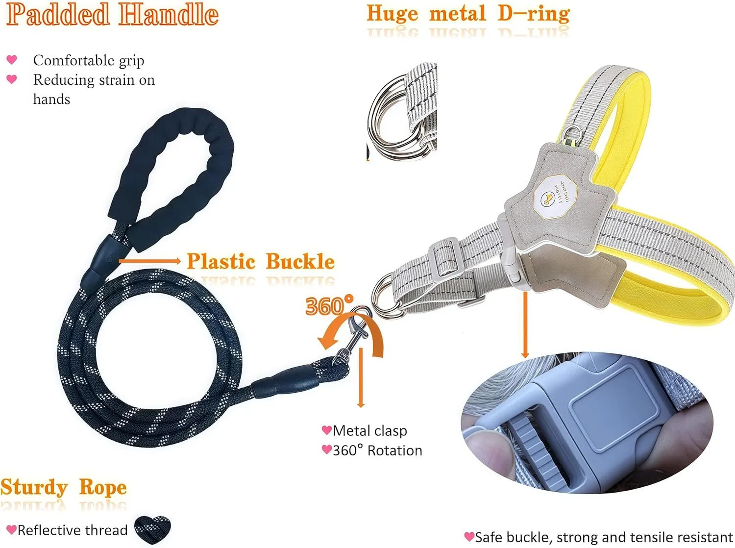 No-Pull Dog Harness and Leash Set for Small/Medium Dogs - Reflective Adjustable Soft Padded Vest with 5FT Rope, Escape-Proof Y-Shape Design (Yellow, S: 8-22 lbs)