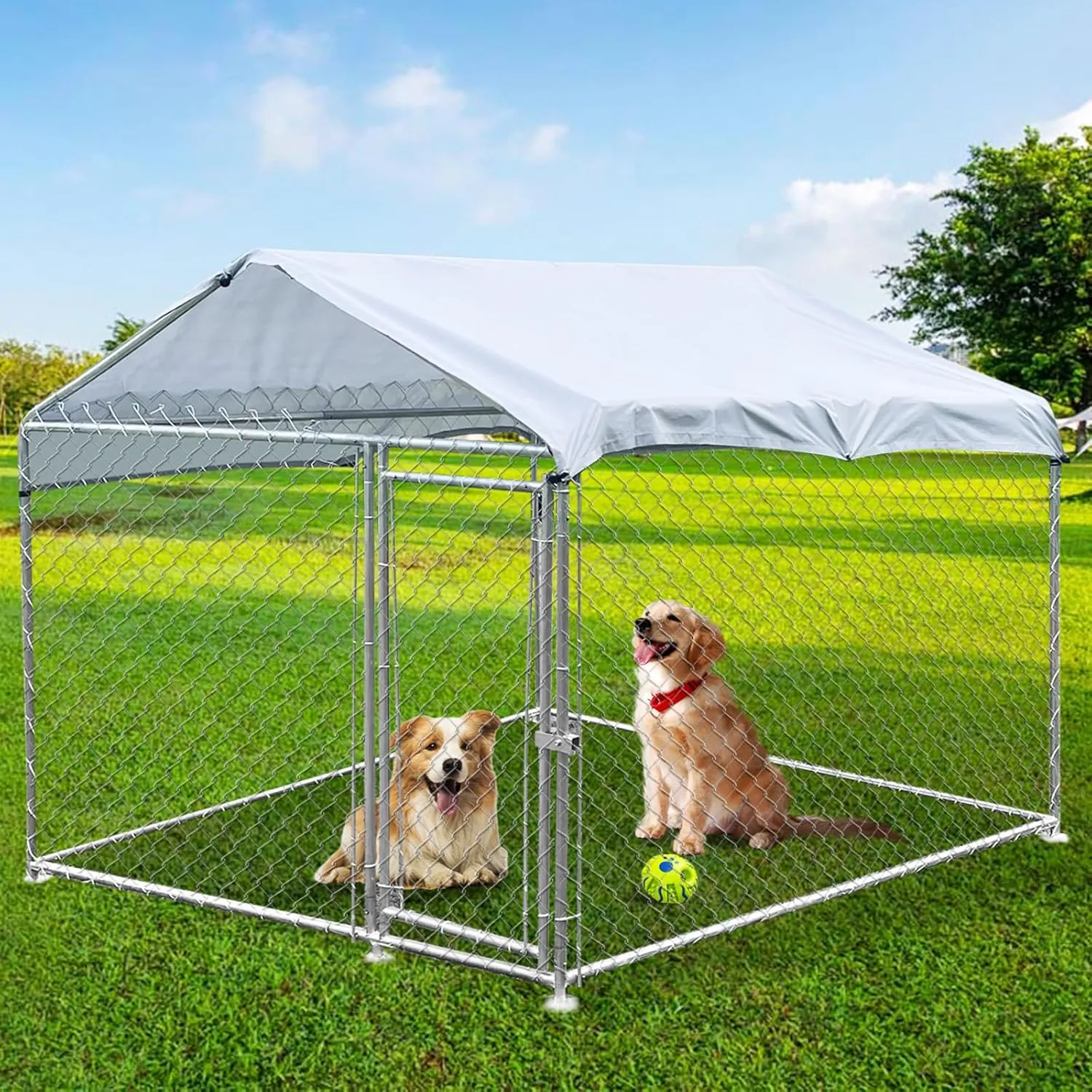 Outdoor Dog Kennel Heavy Duty Dog Cage with Waterproof Roof UV-Resistant Cover Anti-Rust Metal Mesh Fence and Lockable Door Chain Link Dog Exercise Pen Run for Dogs, 6.5x6.5x5 ft