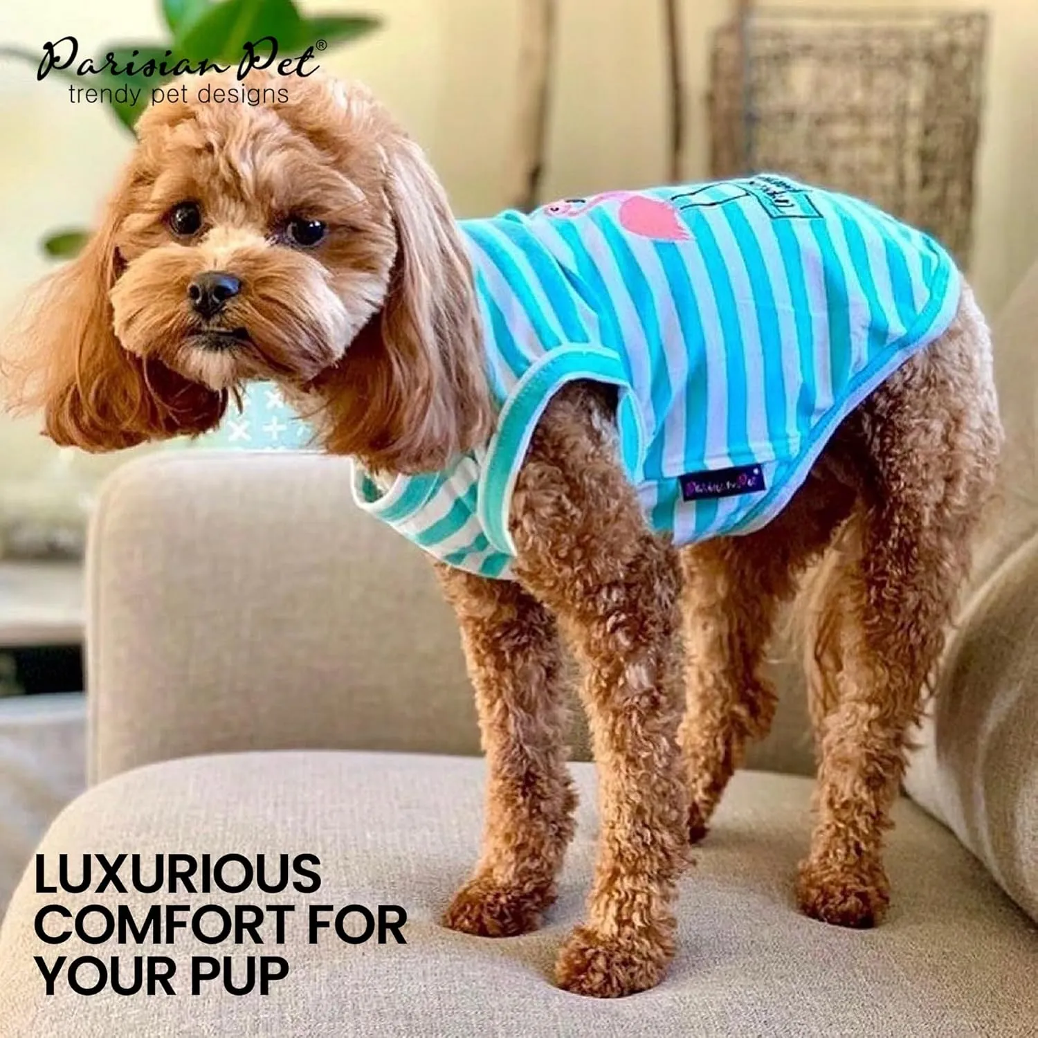 Parisian Pet Dog Tshirt - Embroidered  Flamingos  Tank Top - 100% Cotton and Lightweight Dog Clothes - Sleeveless Tee Shirts - Machine Washable Shirt for Small Dogs - Pet Vest - S