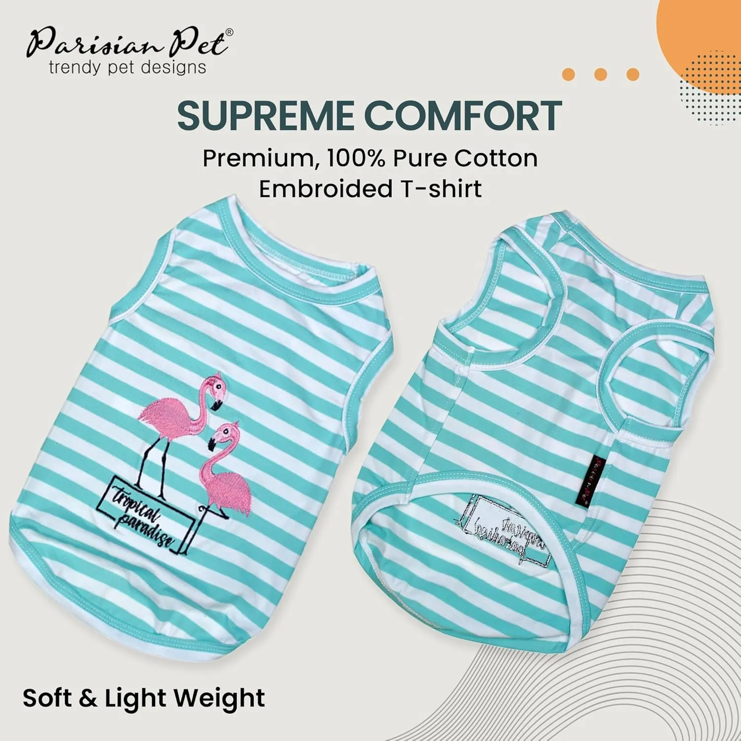 Parisian Pet Dog Tshirt - Embroidered  Flamingos  Tank Top - 100% Cotton and Lightweight Dog Clothes - Sleeveless Tee Shirts - Machine Washable Shirt for Small Dogs - Pet Vest - S
