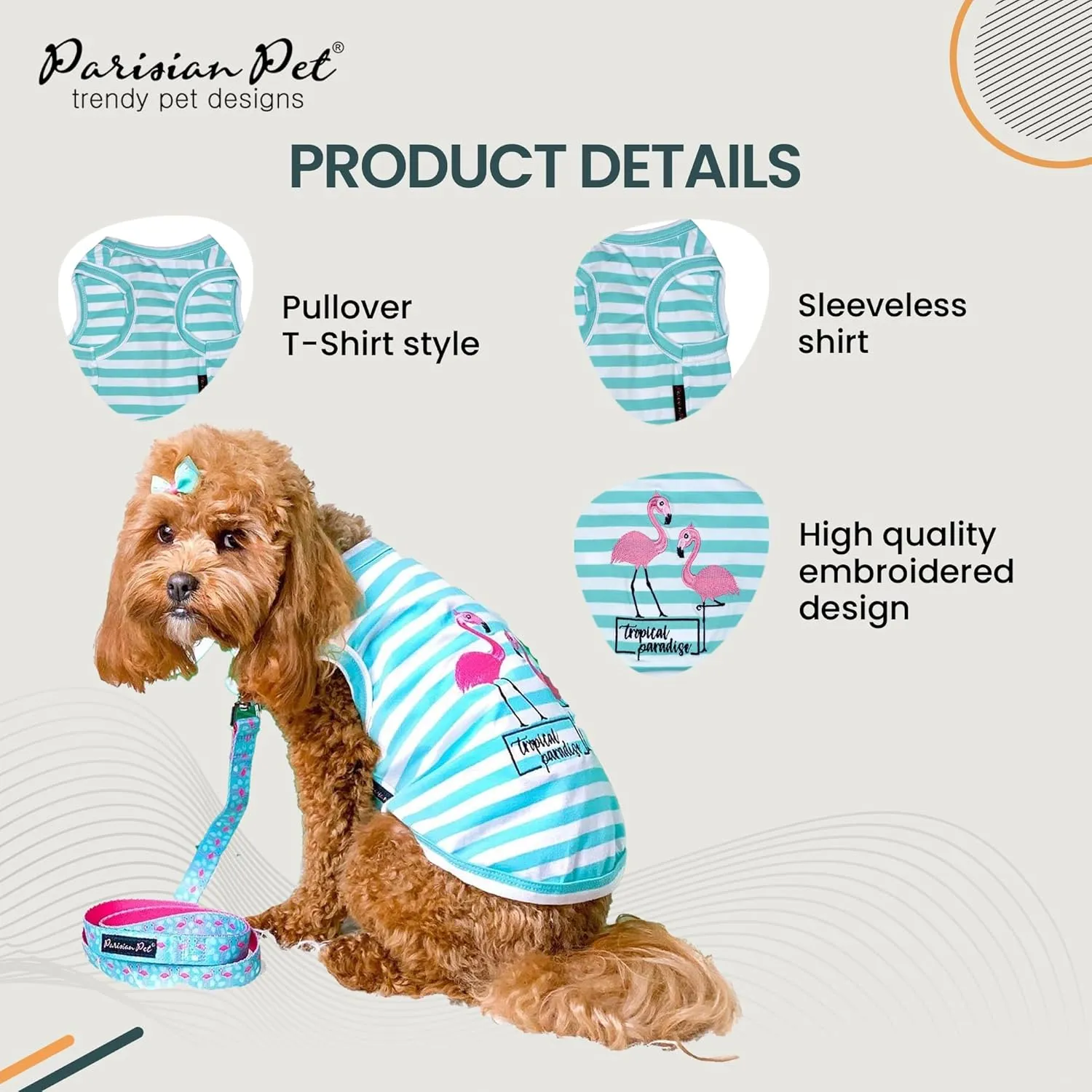 Parisian Pet Dog Tshirt - Embroidered  Flamingos  Tank Top - 100% Cotton and Lightweight Dog Clothes - Sleeveless Tee Shirts - Machine Washable Shirt for Small Dogs - Pet Vest - S
