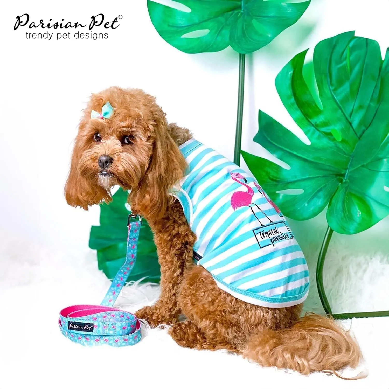 Parisian Pet Dog Tshirt - Embroidered  Flamingos  Tank Top - 100% Cotton and Lightweight Dog Clothes - Sleeveless Tee Shirts - Machine Washable Shirt for Small Dogs - Pet Vest - S