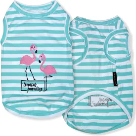 Parisian Pet Dog Tshirt - Embroidered  Flamingos  Tank Top - 100% Cotton and Lightweight Dog Clothes - Sleeveless Tee Shirts - Machine Washable Shirt for Small Dogs - Pet Vest - S